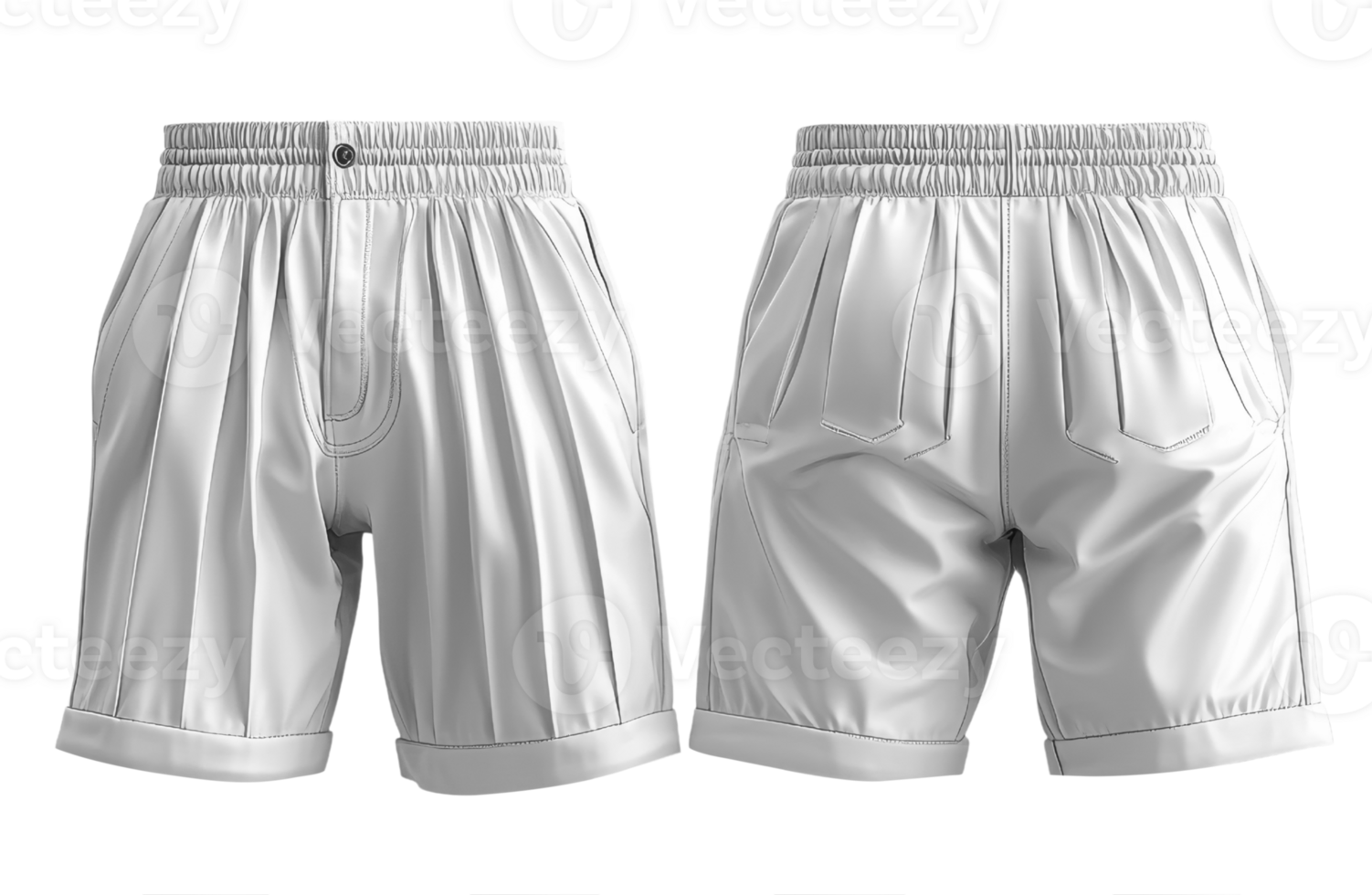 White shorts with elastic waistband and rolled cuffs, showcasing stylish design. Perfect for casual wear or summer activities png