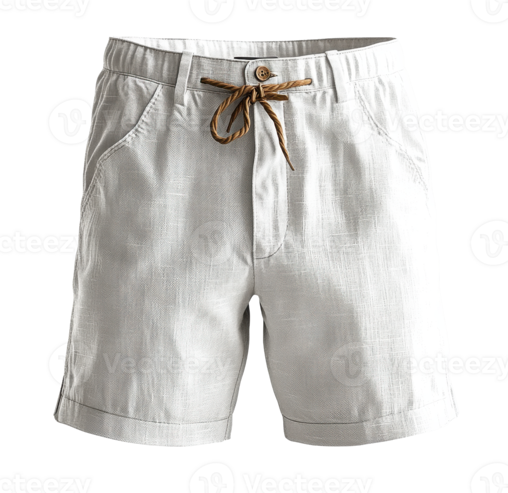 Light gray linen shorts with drawstring waist and pockets, perfect for summer wear png