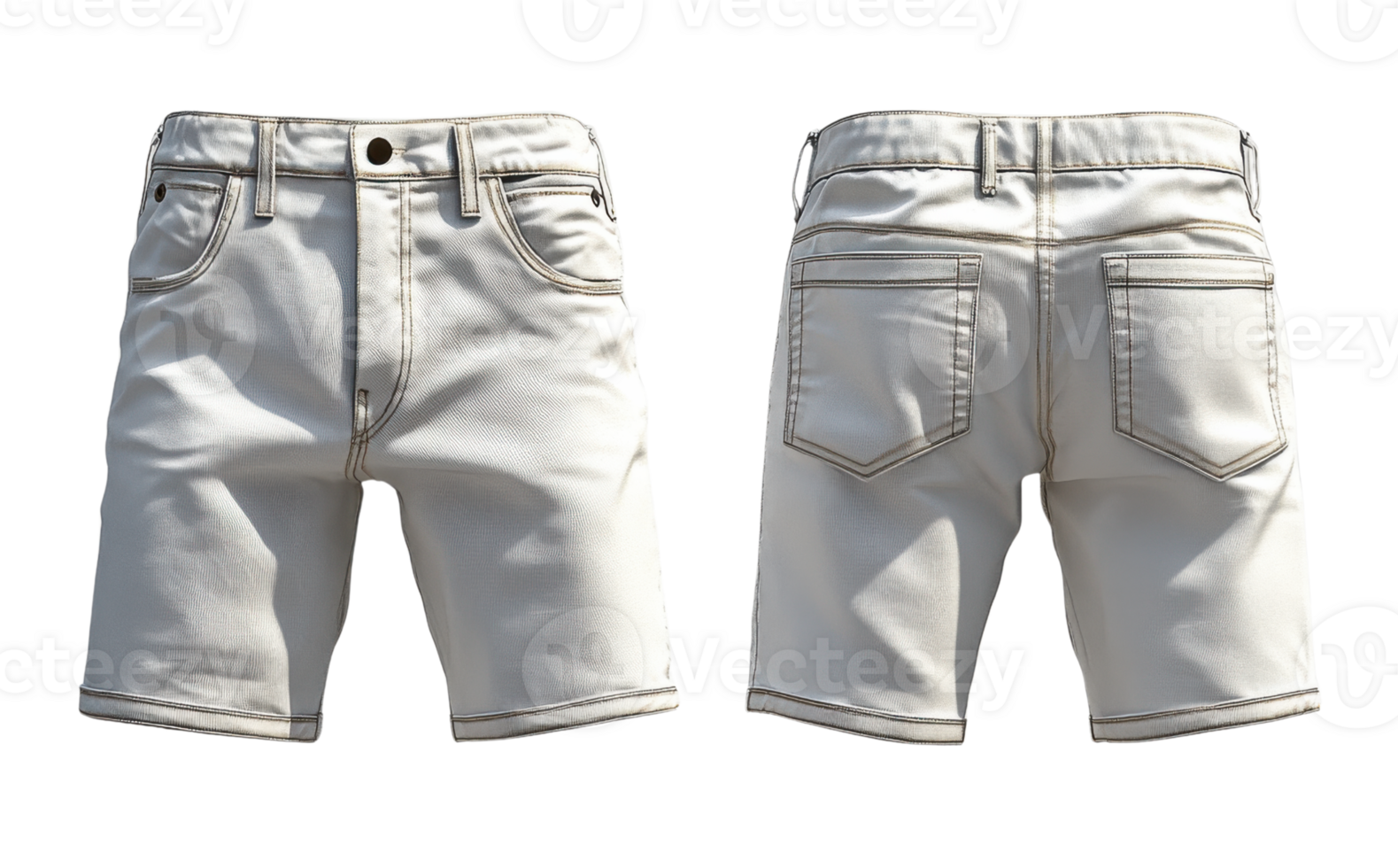 White denim shorts with front and back views, showcasing pockets and stitching details png