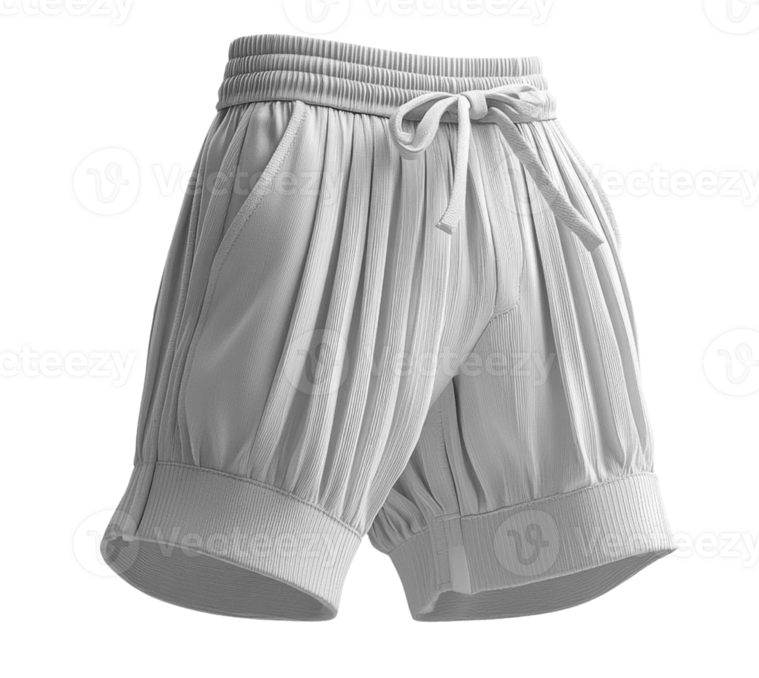 Stylish white pleated shorts with elastic waistband and pockets png