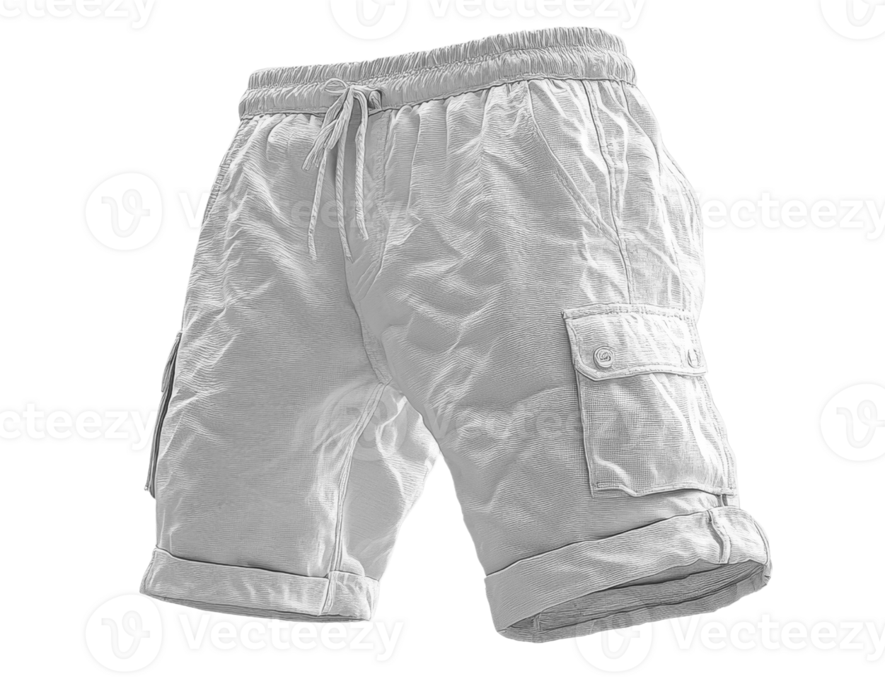 Lightweight white cargo shorts with pockets and rolled cuffs, perfect for summer wear png