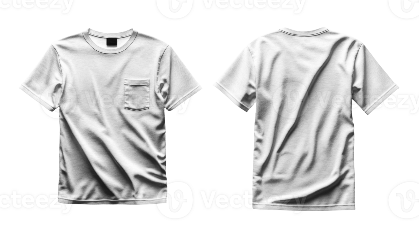 Set of White t shirt with pocket, front and back view, plain design, casual wear png