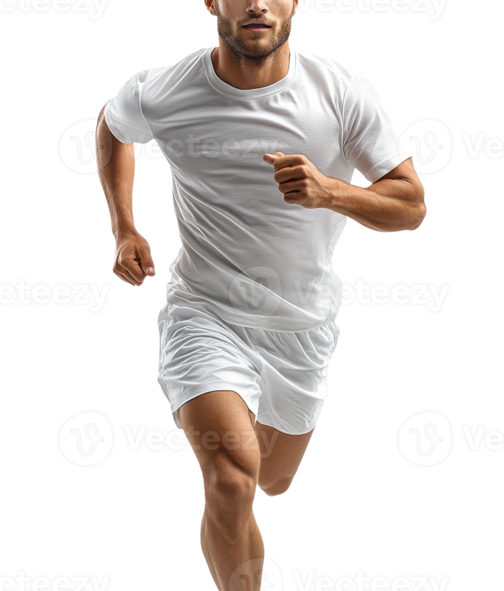 Running man in white athletic wear showcasing fitness and