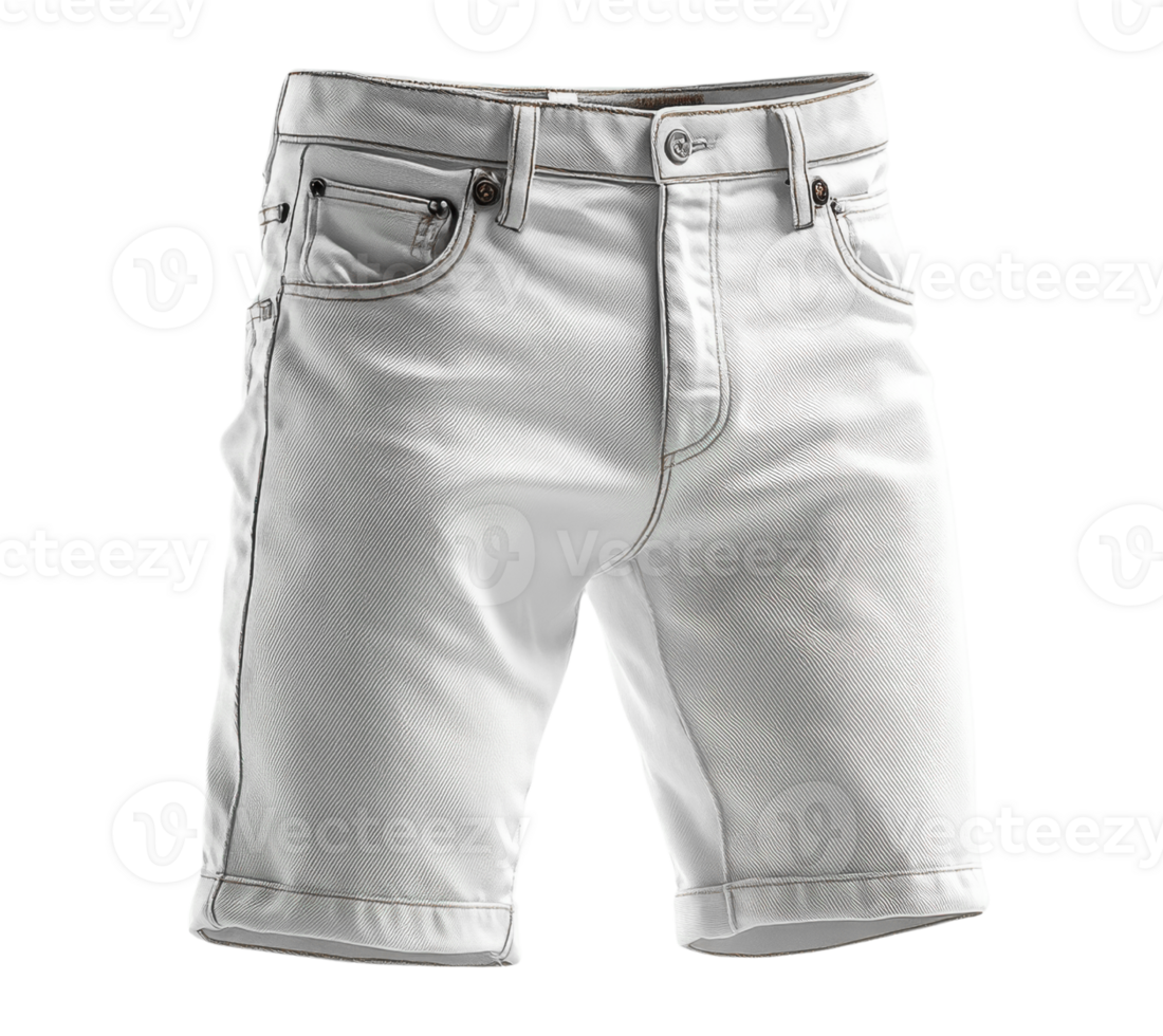 White denim shorts with rolled cuffs and pockets, stylish and casual png
