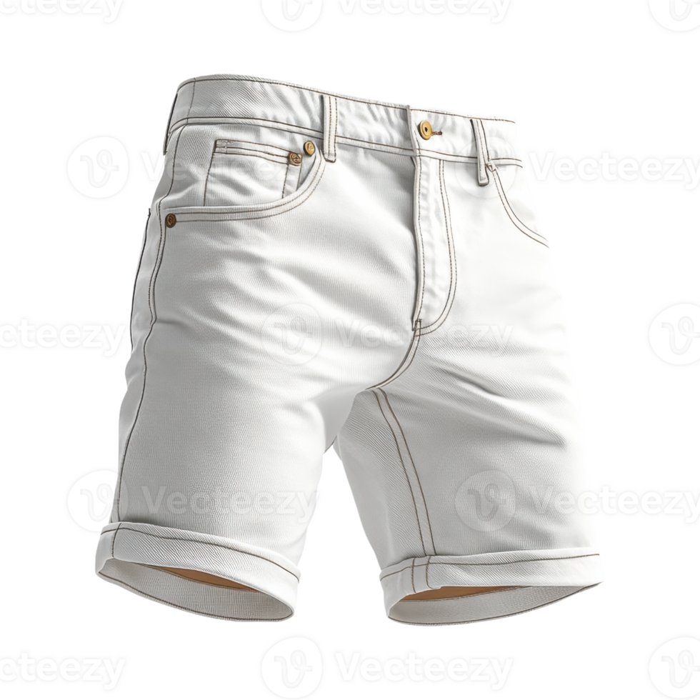 White denim shorts with rolled cuffs, casual summer wear, stylish and comfortable png