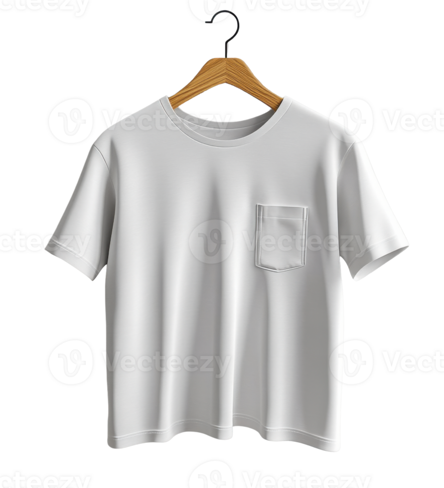 plain white t shirt with pocket, hanging on wooden hanger, showcasing simplicity and style png