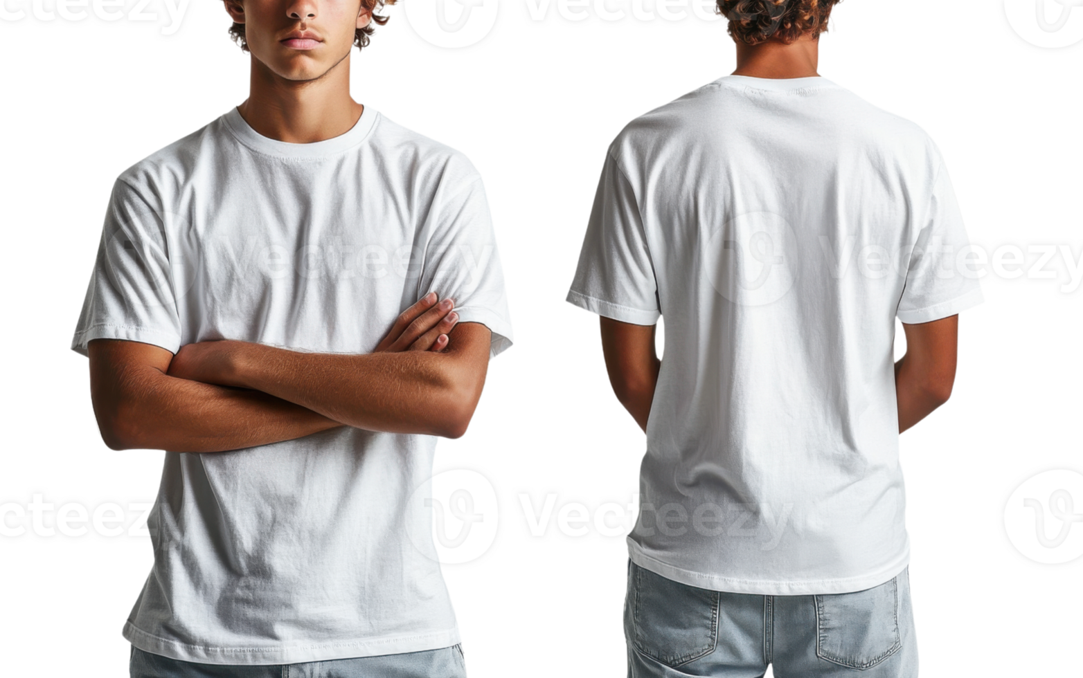 young man wearing plain white t shirt, standing with arms crossed, showcasing both front and back views png