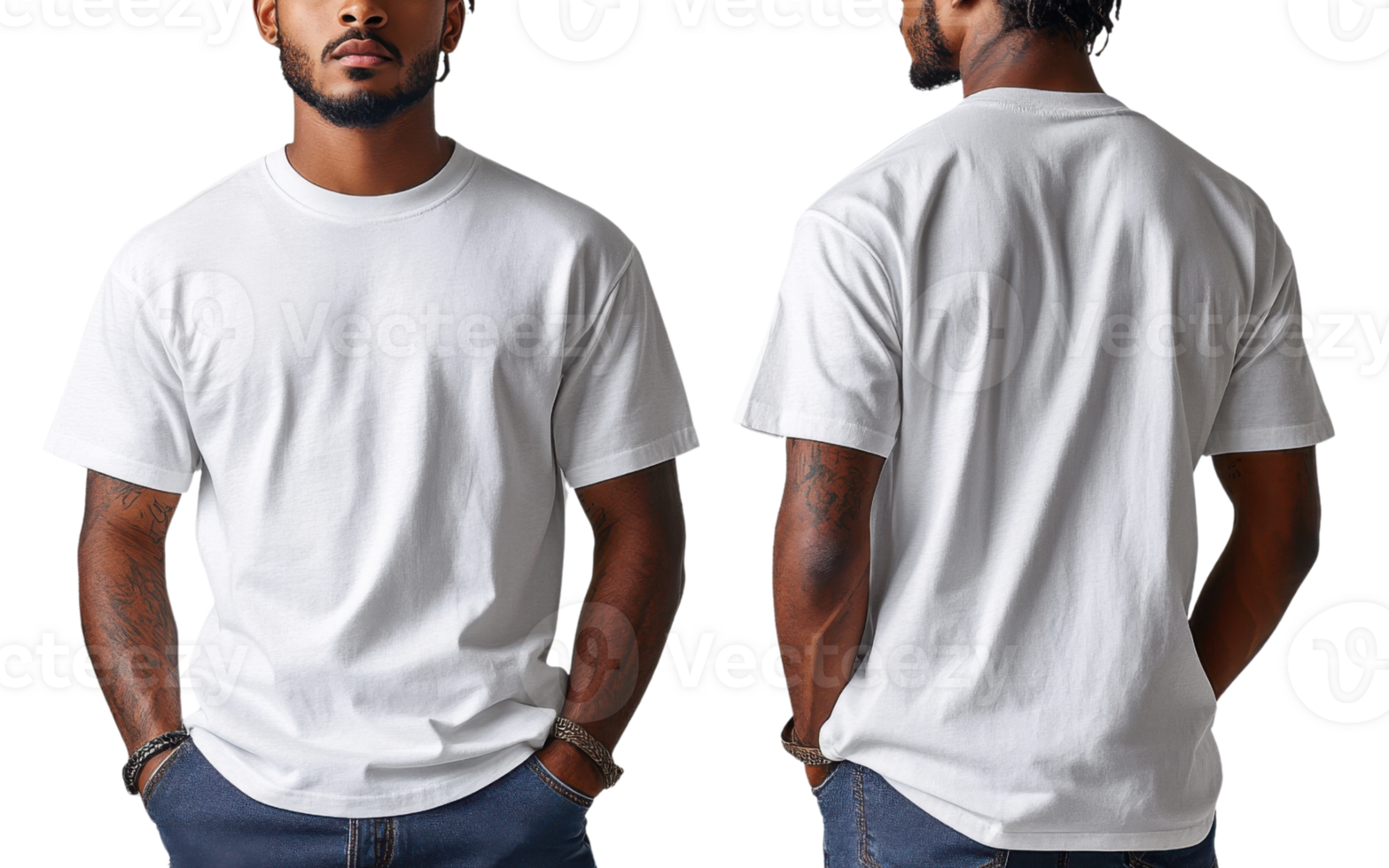 Plain white t shirt displayed from front and back, showcasing its simple design and fit png