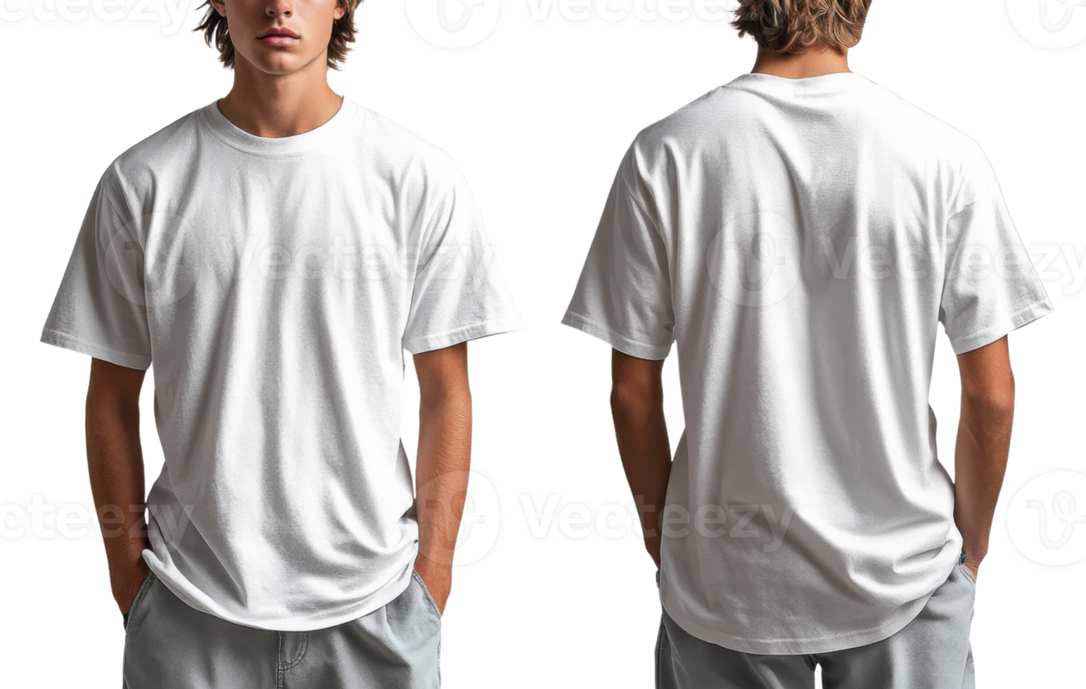 plain white t shirt displayed on male model from front and back, showcasing its simple design and fit png