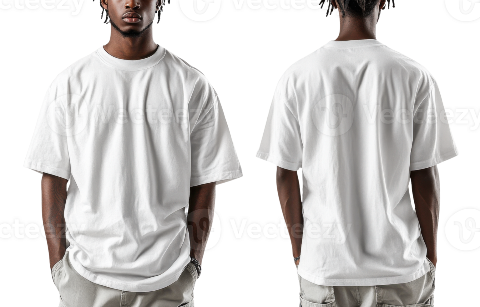model wearing plain white t shirt, showcasing front and back views, exuding casual vibe png