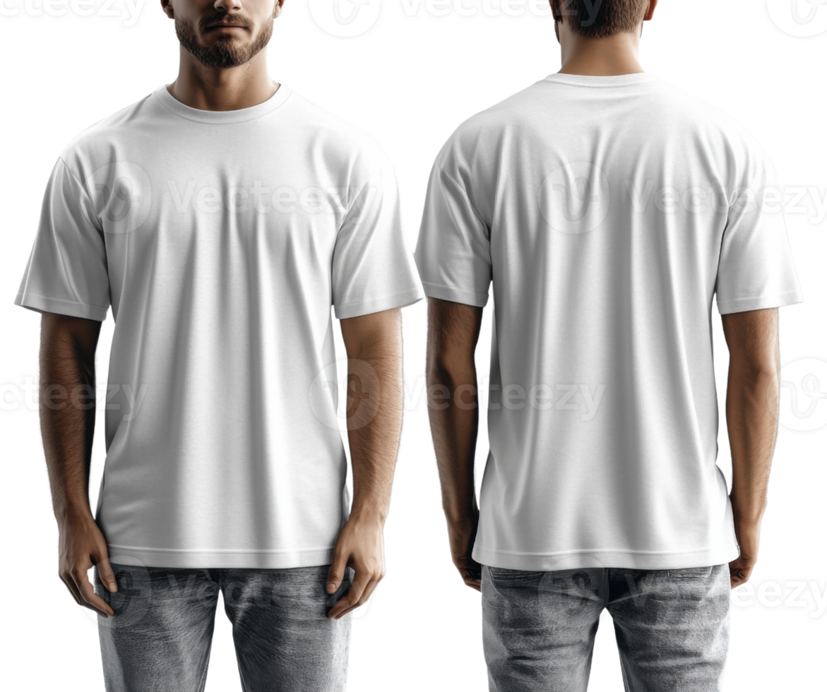 Set of plain white t shirt displayed from front and back, showcasing its simple design and fit png