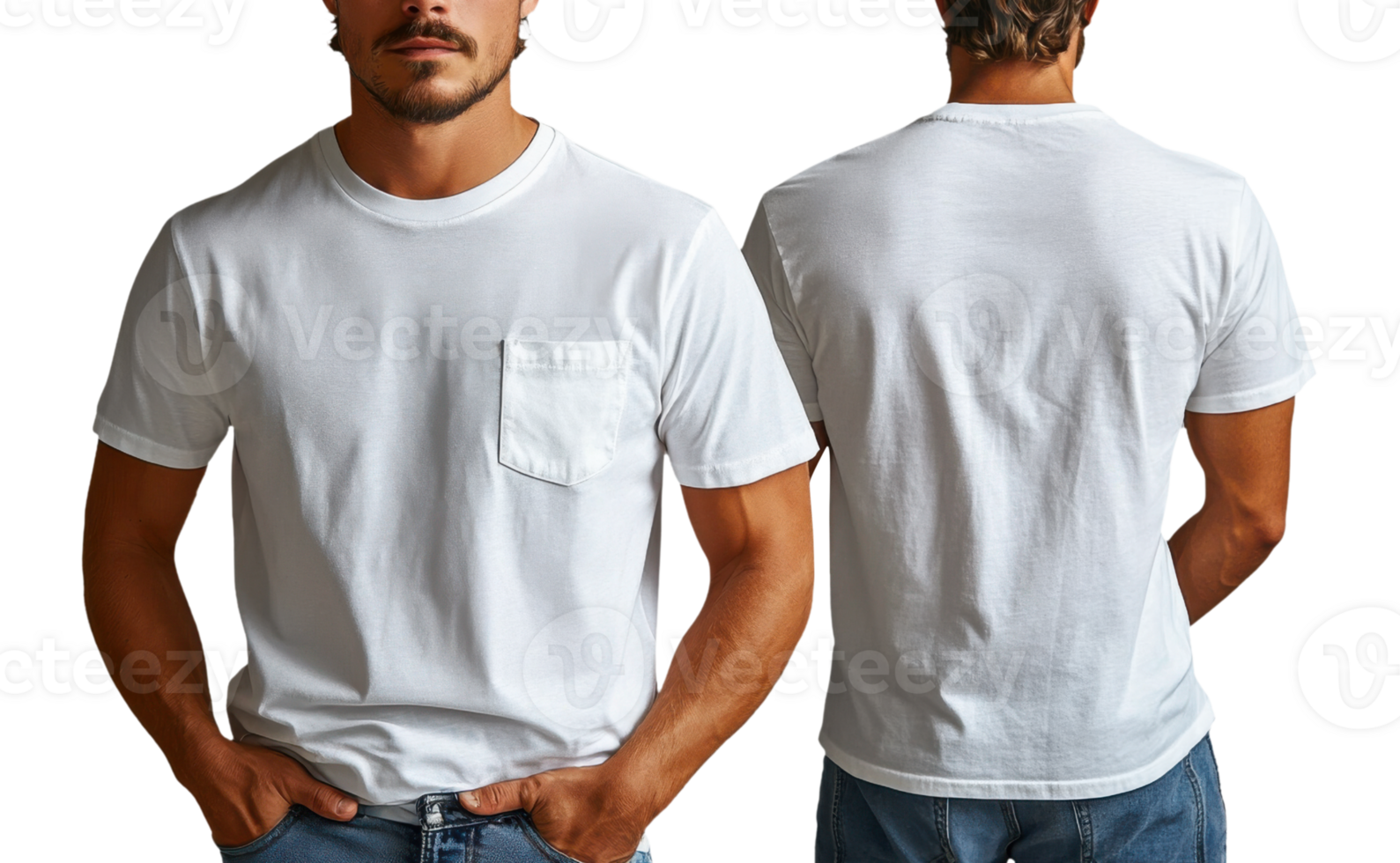 plain white t shirt displayed from front and back, showcasing its simple design and pocket detail png