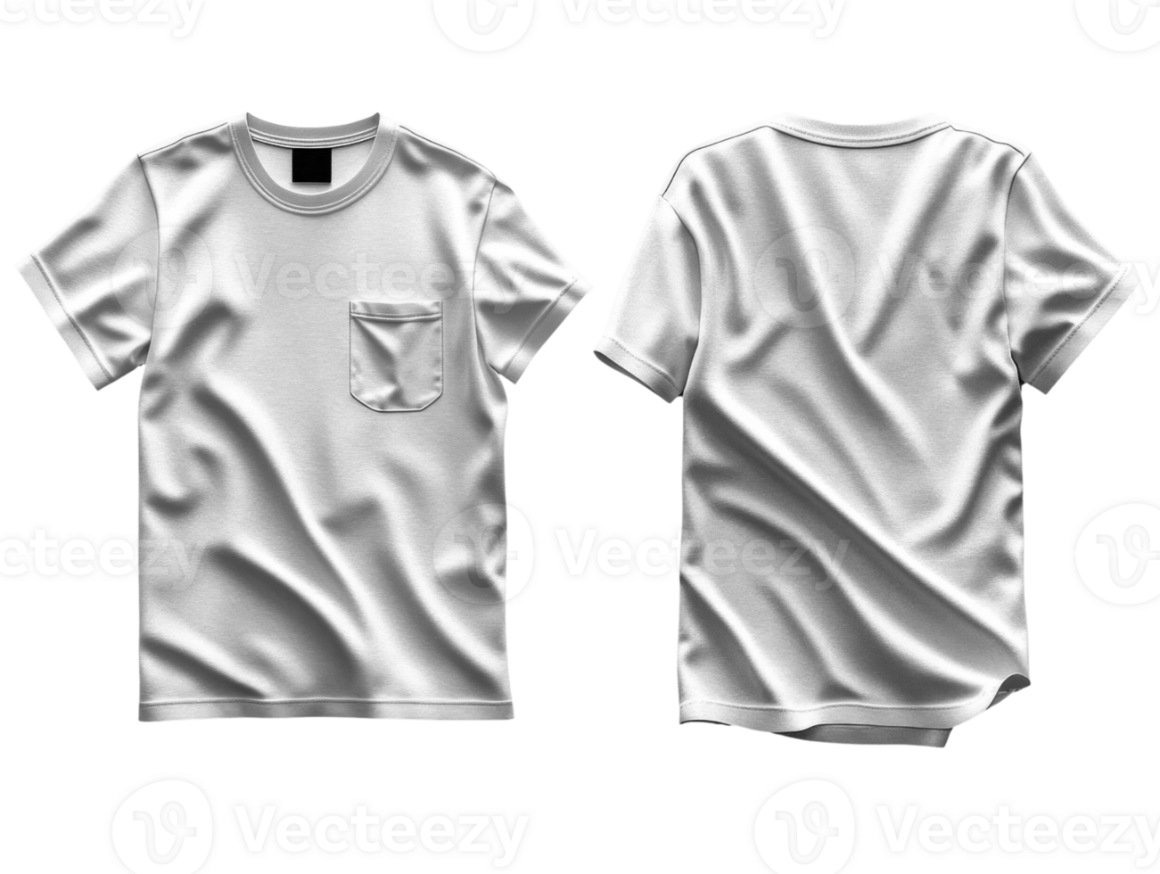 White t shirt mockup with pocket, front and back view, realistic fabric texture png