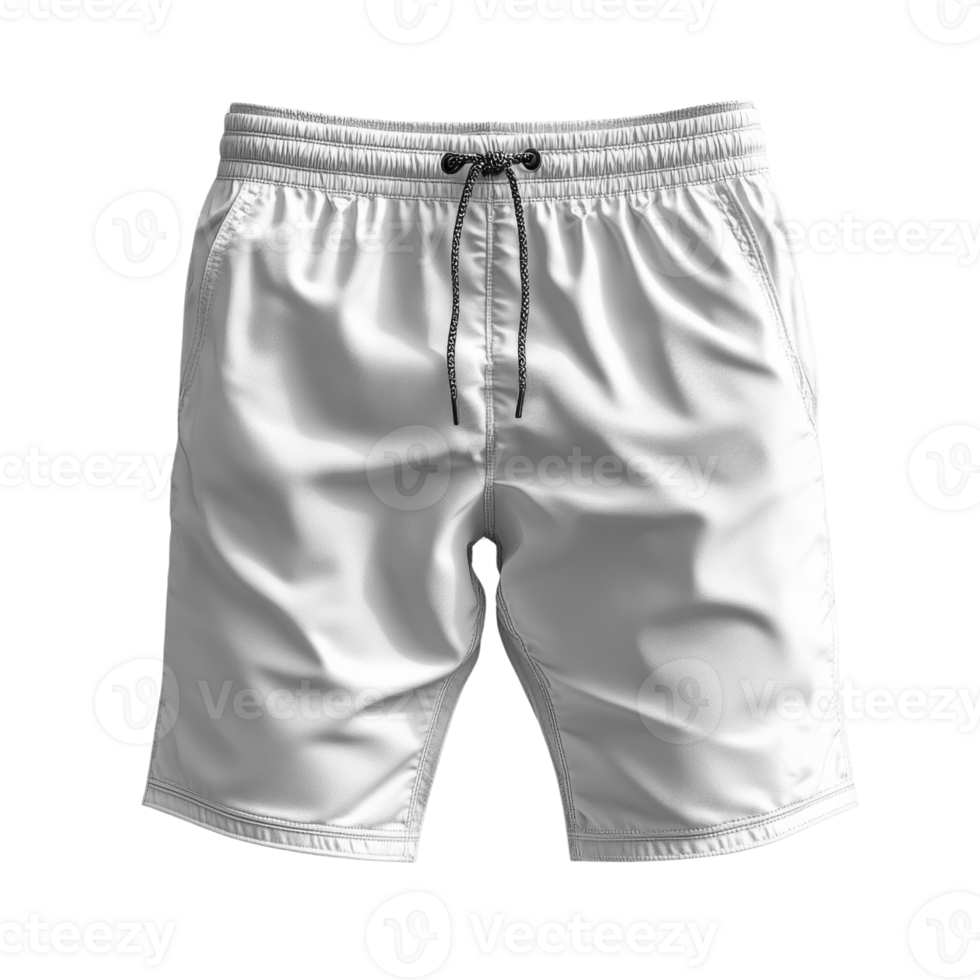 White swim shorts with elastic waistband and drawstring png