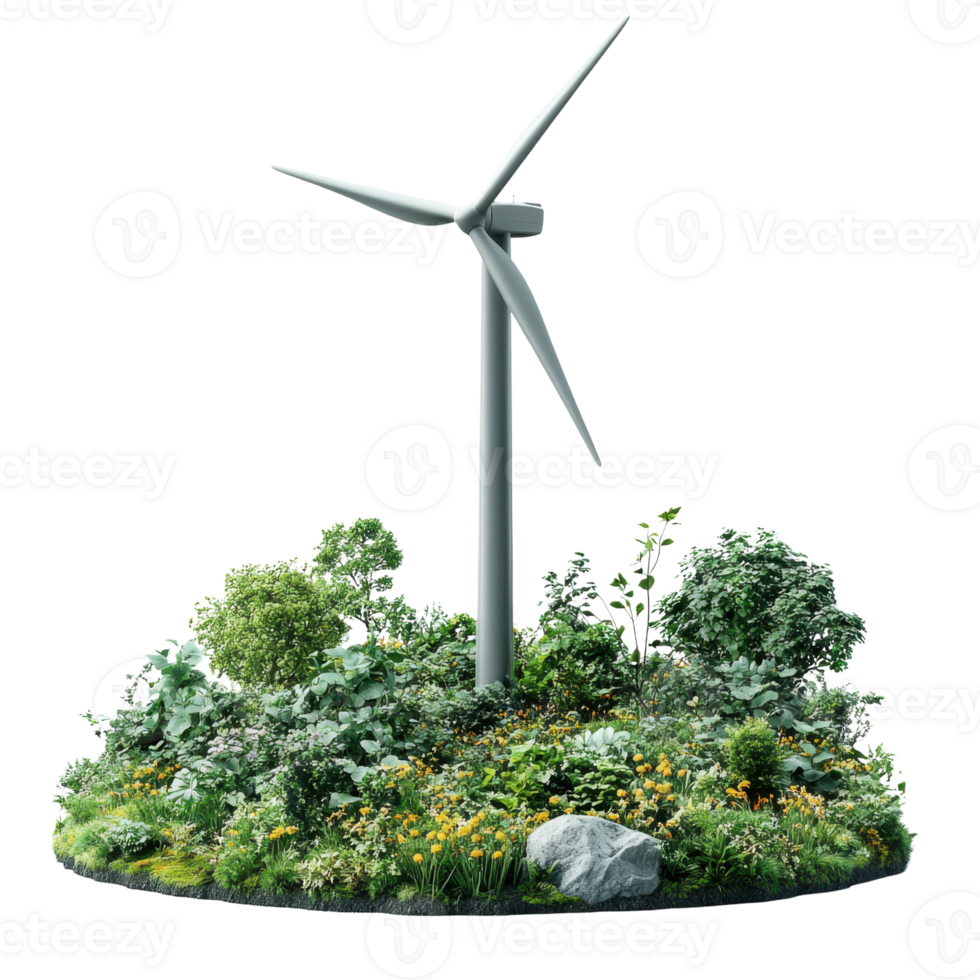 Sustainable wind turbine surrounded by lush greenery and colorful plants png