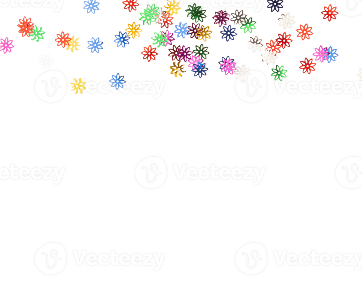 Colorful flower shapes scattered on transparency background create vibrant and cheerful atmosphere png
