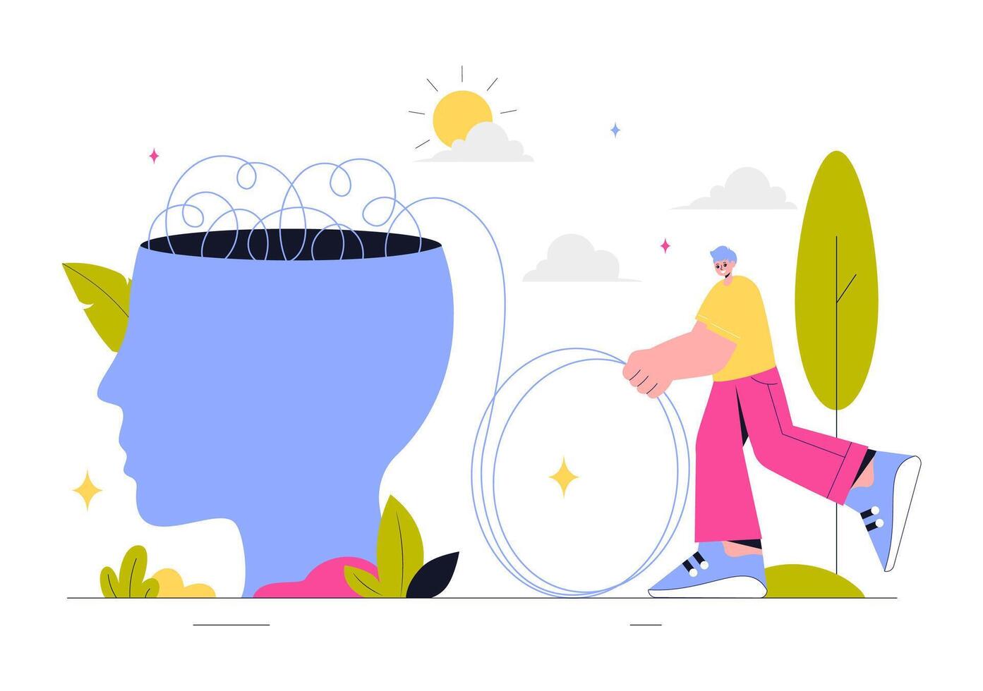 Mental Health Illustration Featuring a Brain and Flowers, Symbolizing Enjoying Life, Solving Mental Problems, and Thinking Positively vector