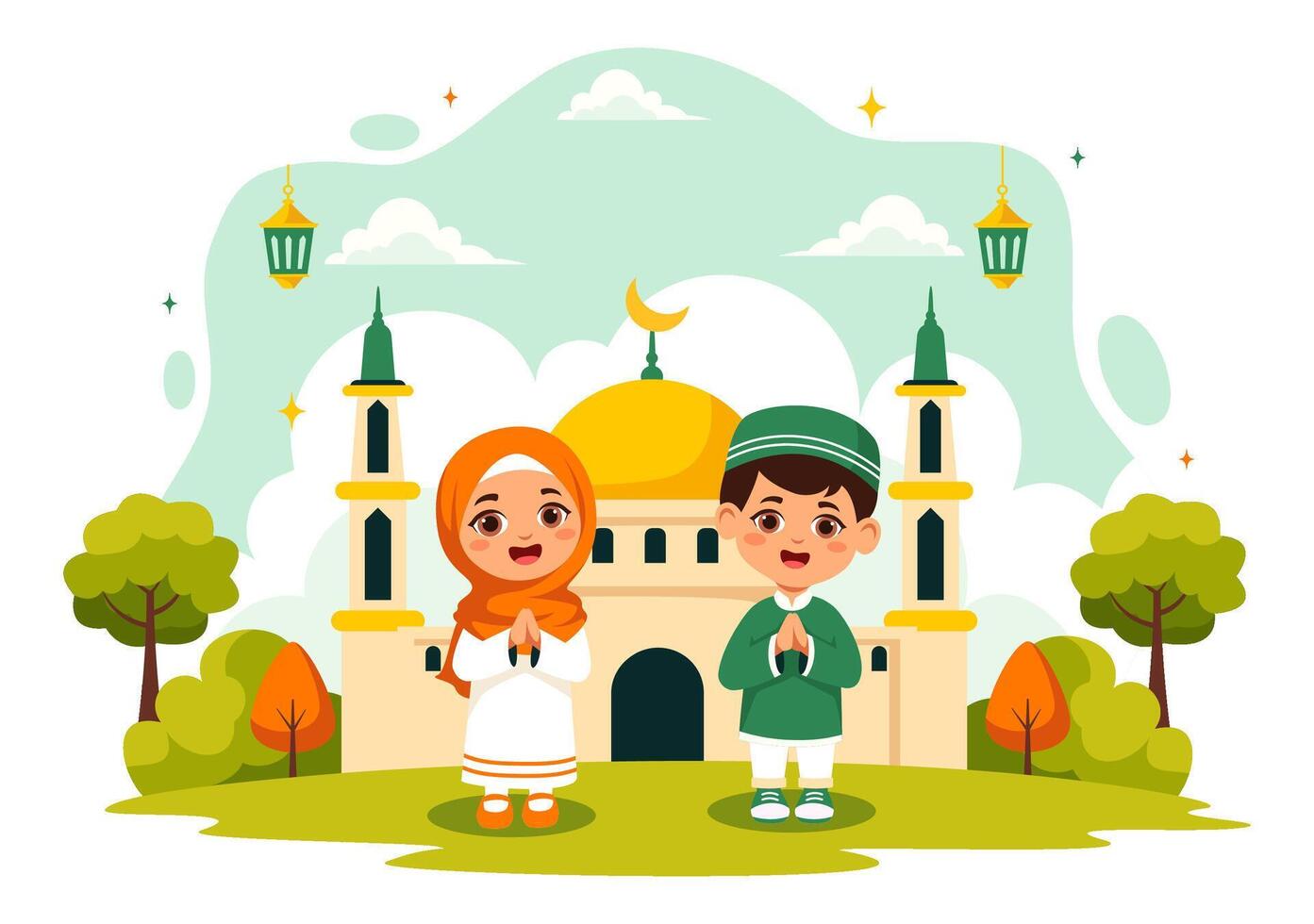Islamic Eid Al-Fitr Celebration Illustration with Mosque and Crescent Moon vector