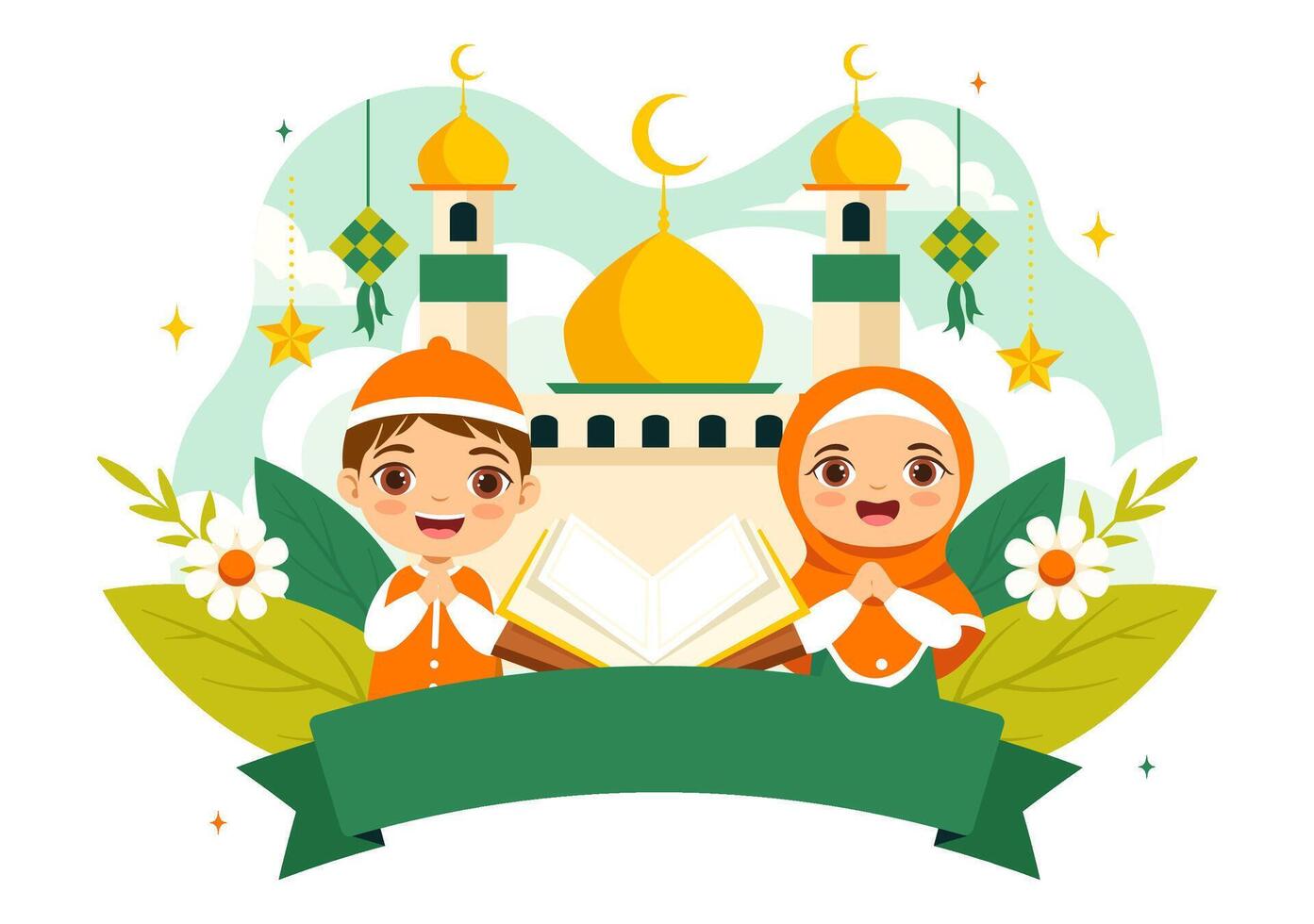 Eid Al-Fitr Mubarak Illustration with Mosque and Festive Muslim Celebration vector
