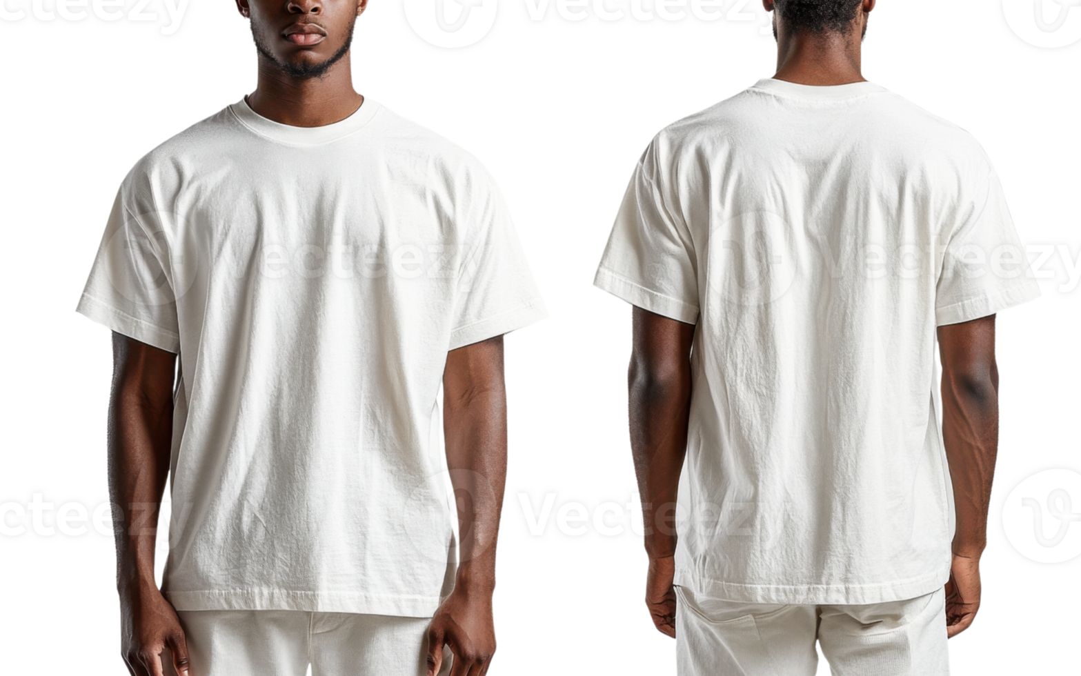 Collection of plain white t shirt displayed from front and back, showcasing its simple design and fit png