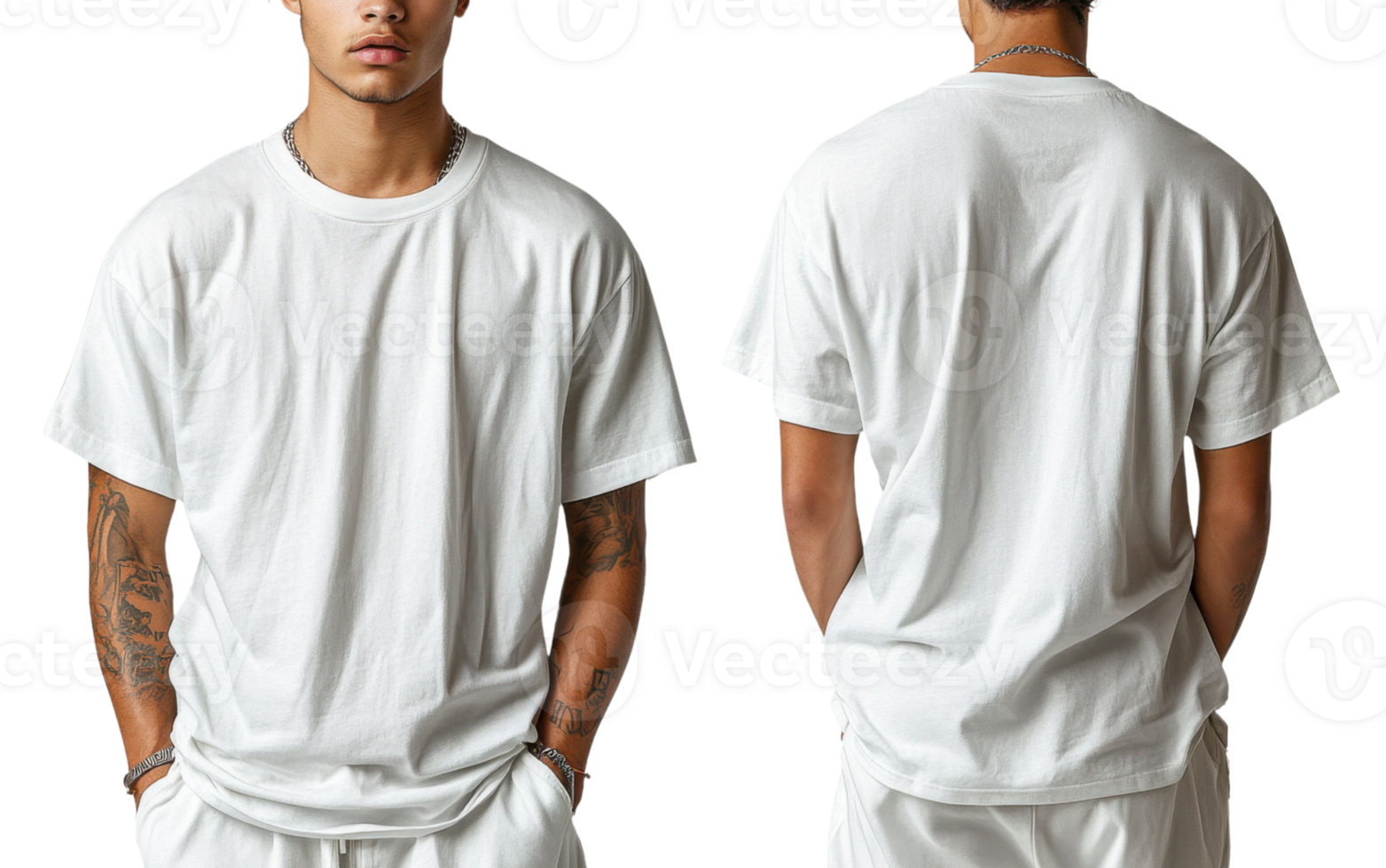 model wearing plain white t shirt, showcasing front and back views, with casual style and relaxed fit png