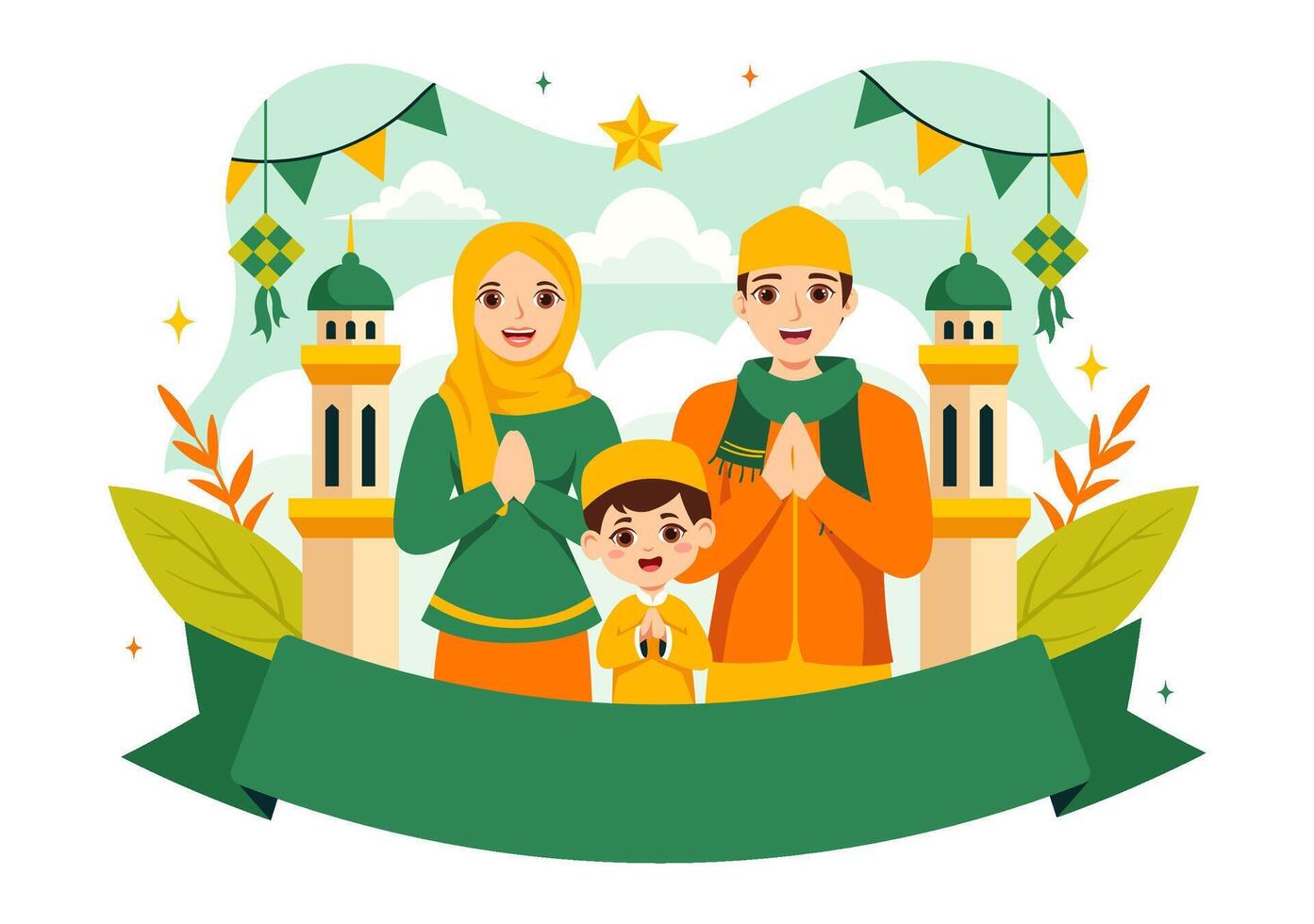 Happy Eid Mubarak Illustration with Muslim Prayers and Festive Atmosphere vector