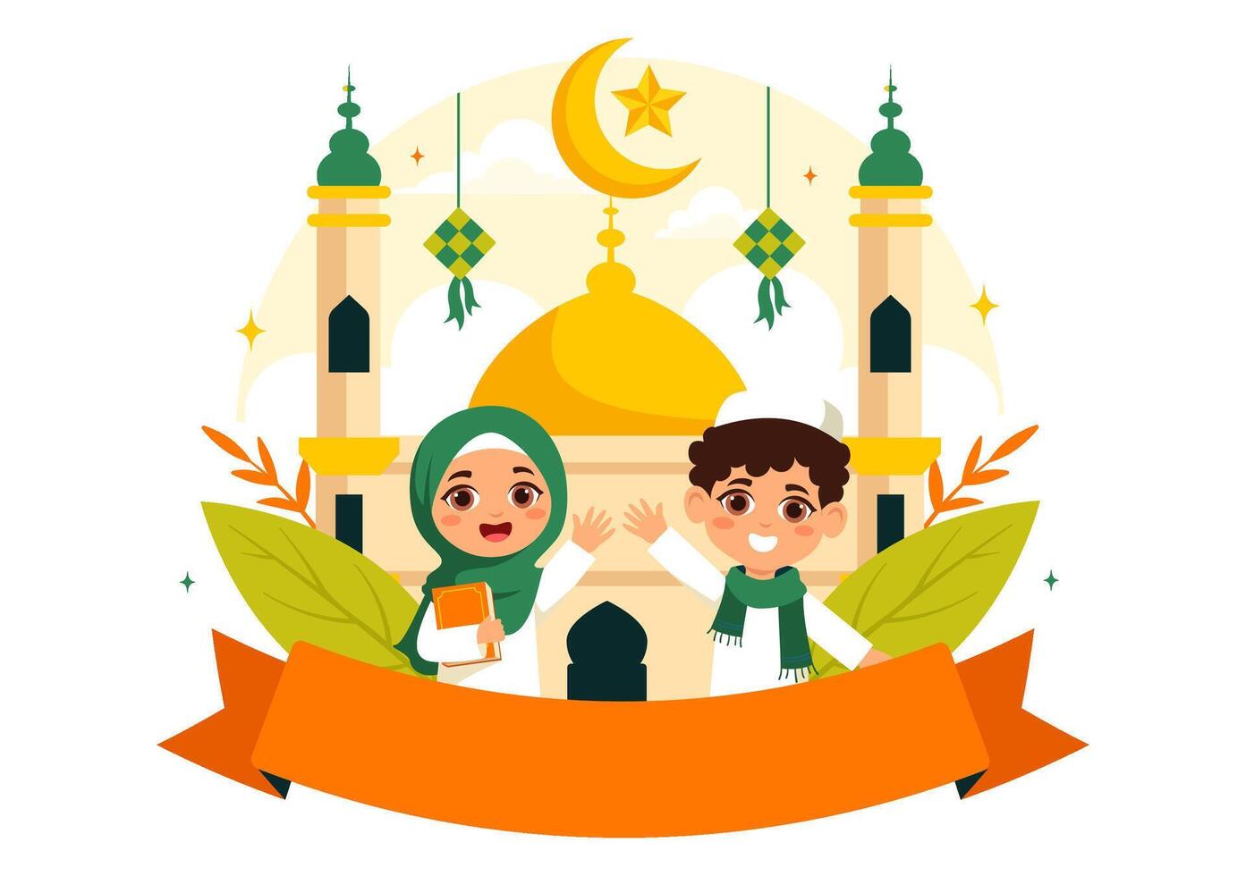 Eid Mubarak Islamic Festival with People Celebrating in Front of Mosque vector