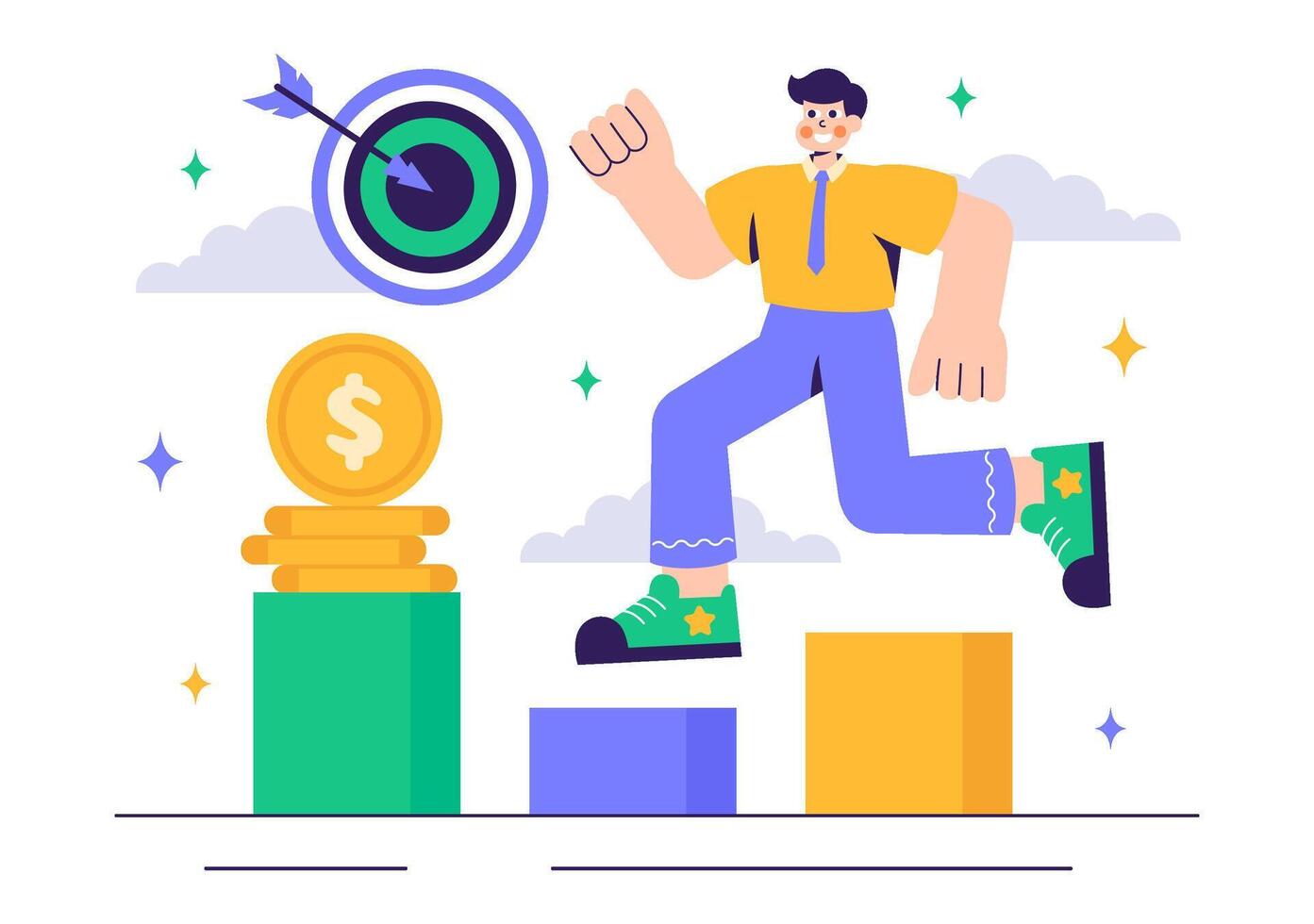 Businessman Ascending Career Steps for Professional Growth in Flat Style vector