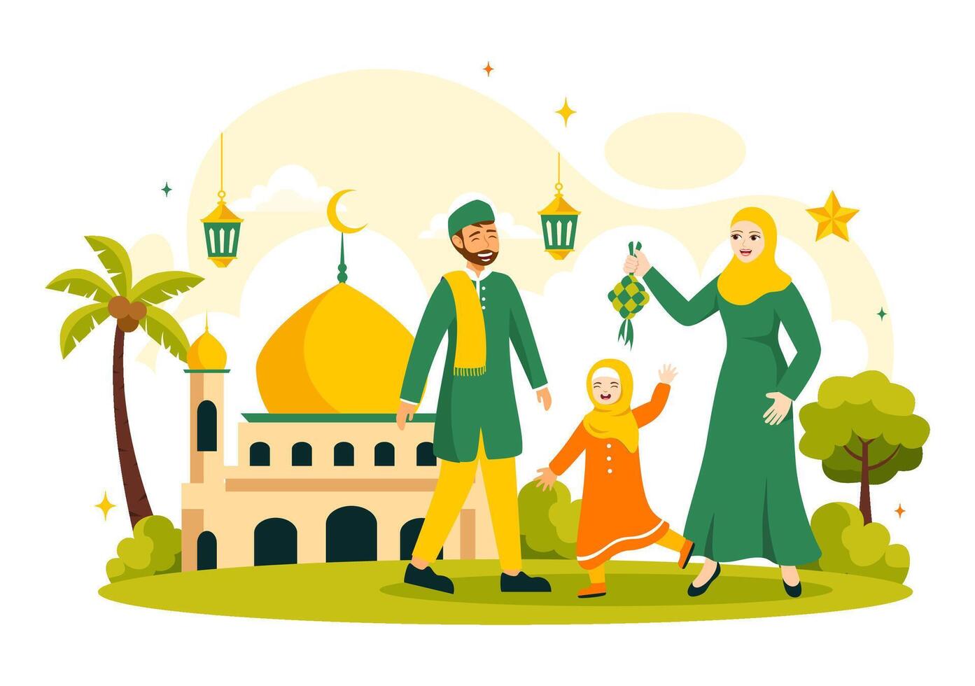 Beautiful Eid Al-Fitr Celebration with Islamic Calligraphy and Mosque vector