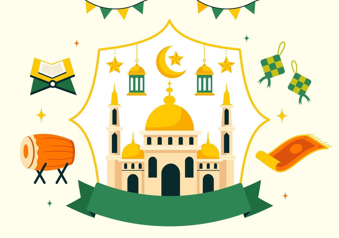 Eid Al-Fitr Festival Illustration with Lanterns, Mosque, and Islamic Traditions vector