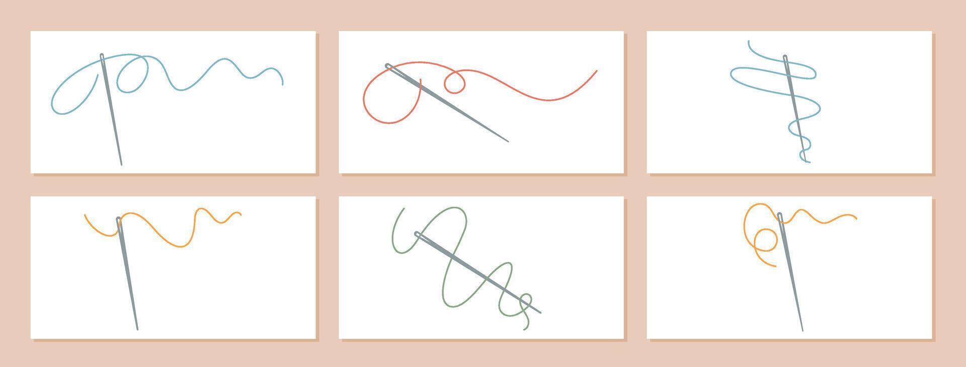 A collection of six minimalist needle and thread illustrations in various colors and patterns. Perfect for sewing, crafting, and textile design concepts, also for tailors and crafters projects. vector