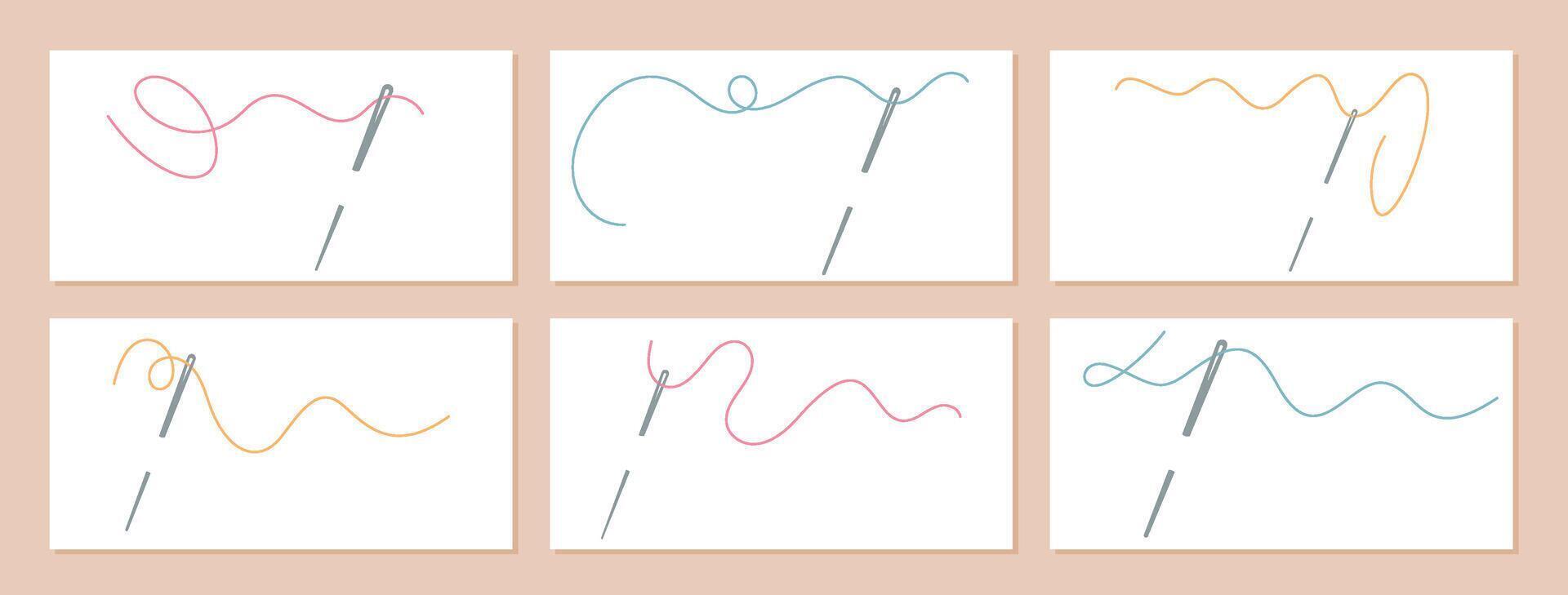 Needles with colorful threads forming intricate patterns. Cute illustration showcasing essential tools for sewing, embroidery, and needlework projects. Tailor supplies for handmade craft and designs. vector
