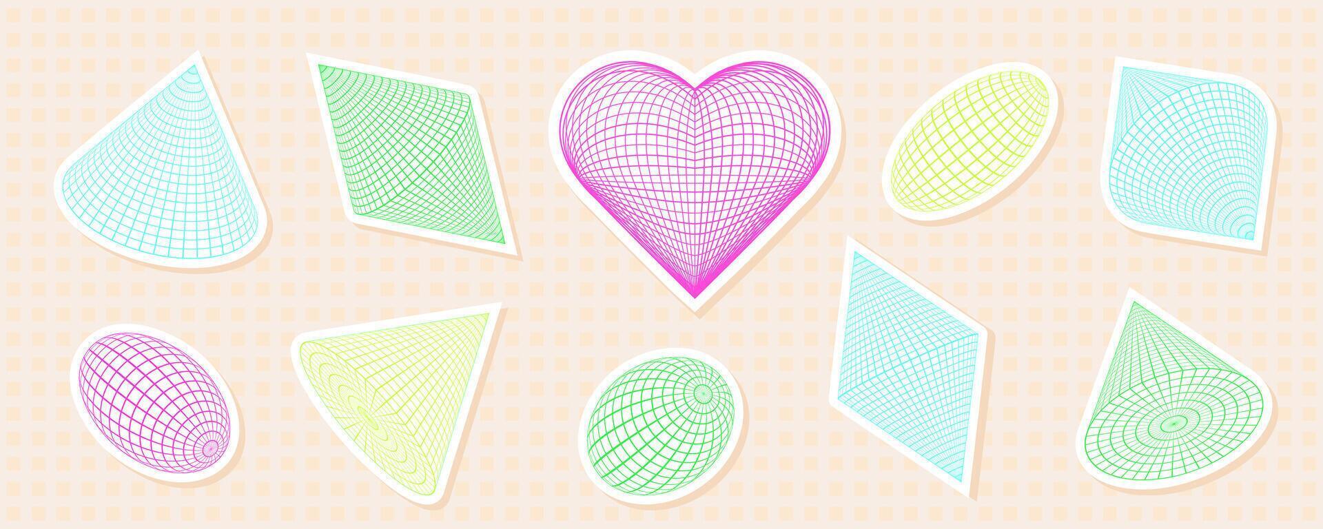Pastel collection of geometric shapes, featuring a heart, with grid wireframe and mesh patterns. Abstract y2k sticker design, highlighting futuristic and retro elements. vector