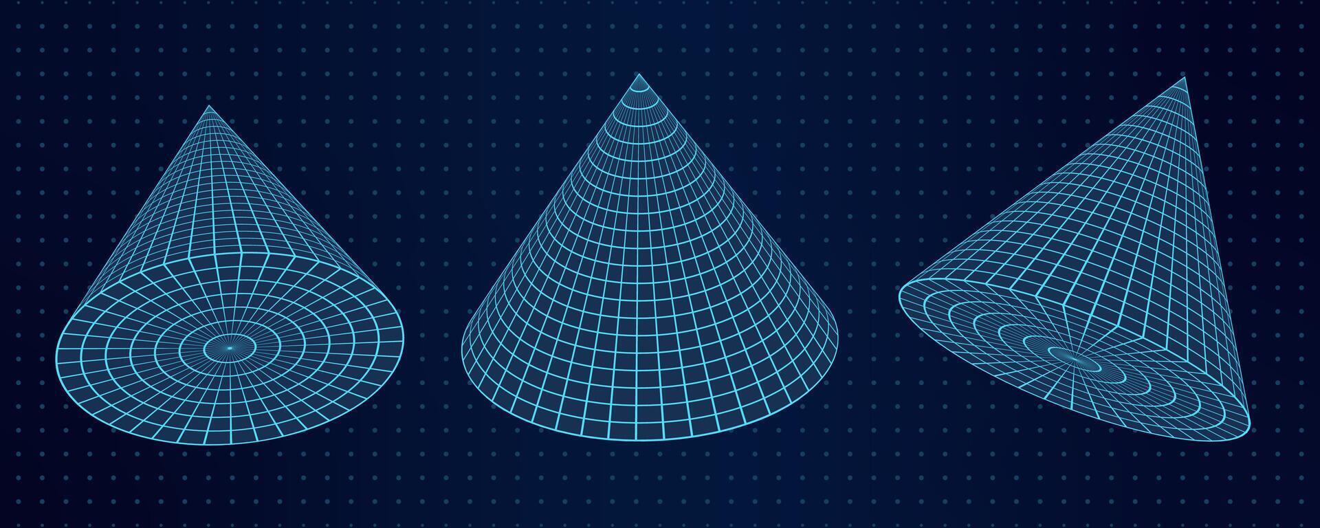Set of 3D abstract image with 3 wireframe mesh cones displayed on a dotted grid background. The geometric shapes in a Y2K retro design, combining futuristic and digital elements. vector