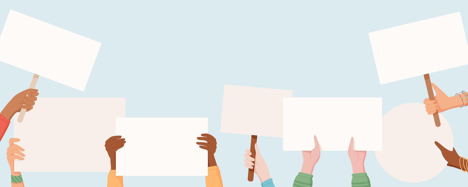 Diverse hands hold protest signs and placards. People from the community come together, raising their hand with blank banners high in a unified demonstration of solidarity and strength. vector