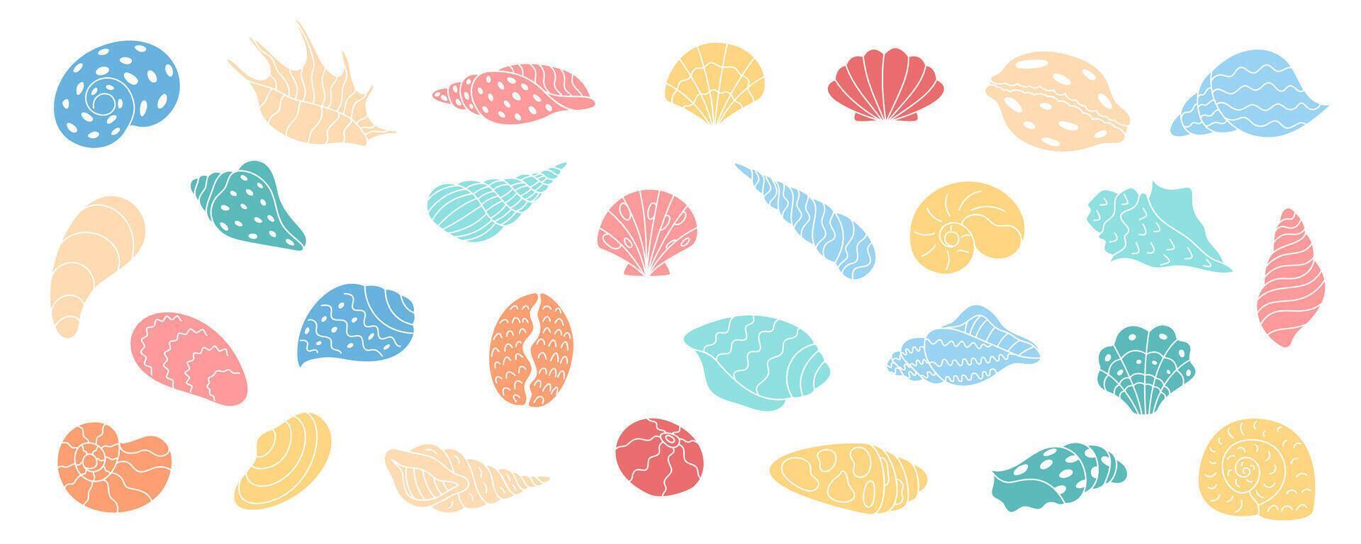 Colorful seashells and conchs illustrated in a cartoon graphic style. Assorted shellfish designs with snails and clams. Marine life and underwater elements. Cute sea creatures. vector