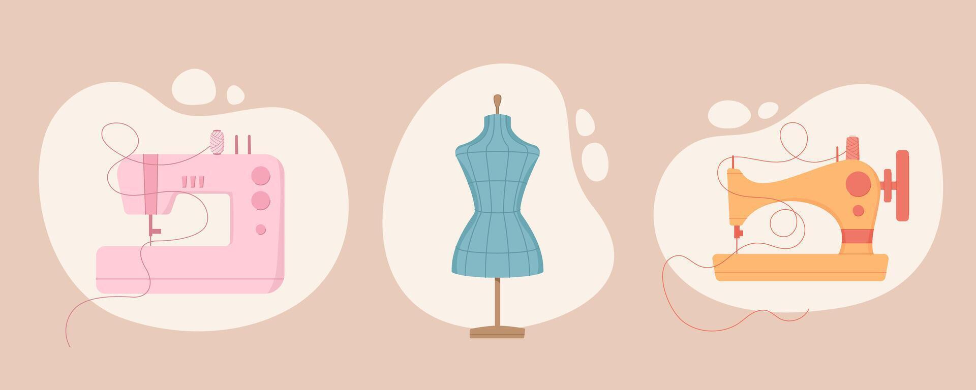 Stylized design with sewing machine, mannequin, and thread. Depicts tailor tools for needlework projects. Ideal for tailor and fashion illustration. Sewing elements on an isolated background. vector