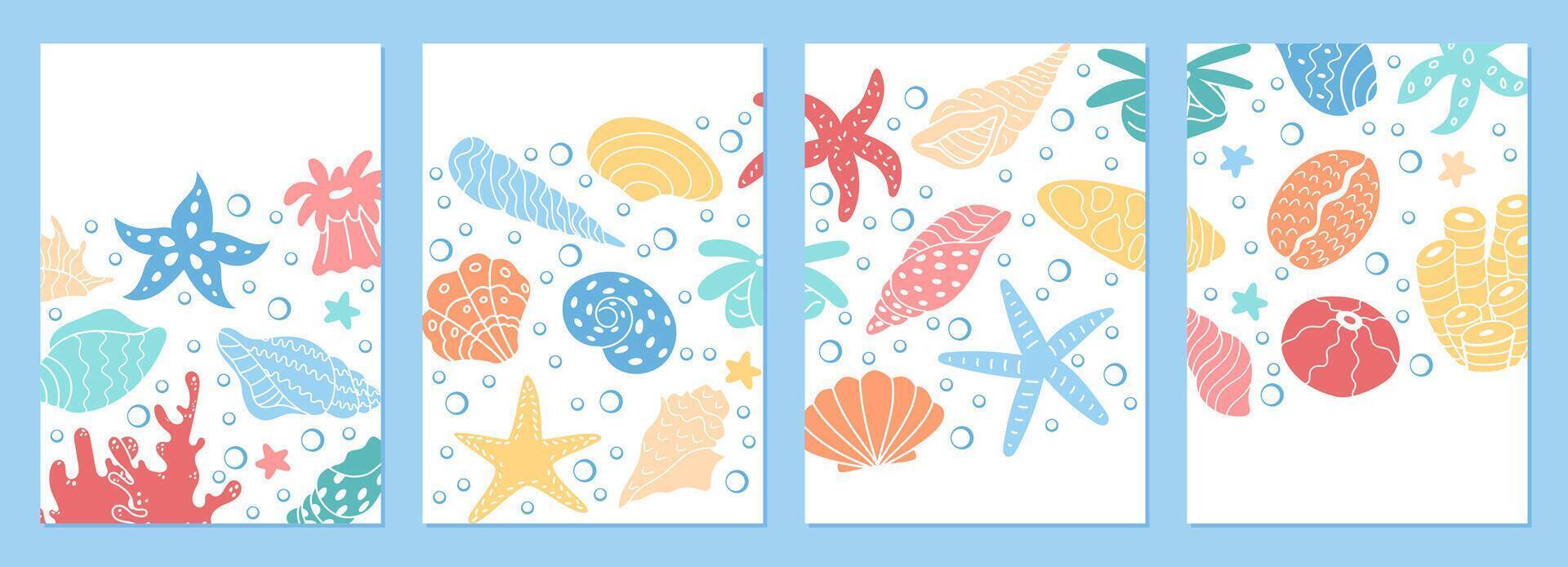 Aquatic themed illustration set with marine life and coral formations in a vibrant underwater setting. Showcases a design variety of life forms in the ocean water, full of color and beauty. vector
