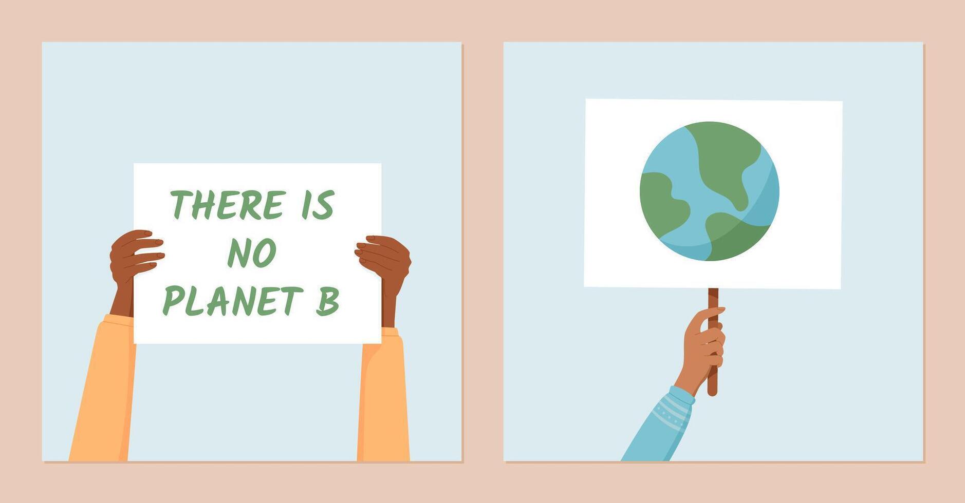 Hands hold signs with environmental messages and Earth images. This social media template emphasizes the ecology protest, with people showing community strength, and solidarity for global causes. vector