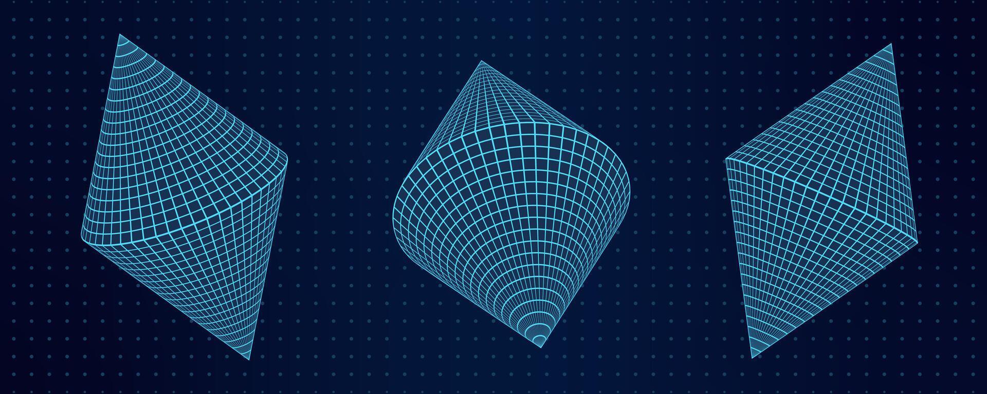 3D abstract set of mesh cones shapes at dotted grid background. The ...