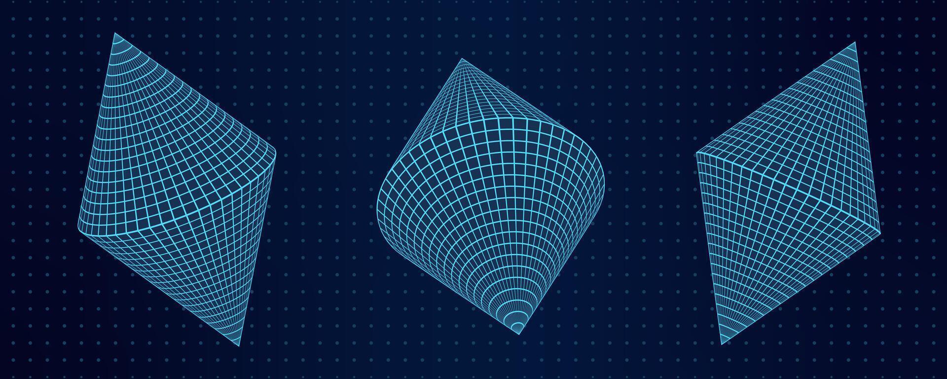 3D abstract set of mesh cones shapes at dotted grid background. The wireframe geometric designs with conic forms in a Y2K retro aesthetic with a futuristic vibe. vector
