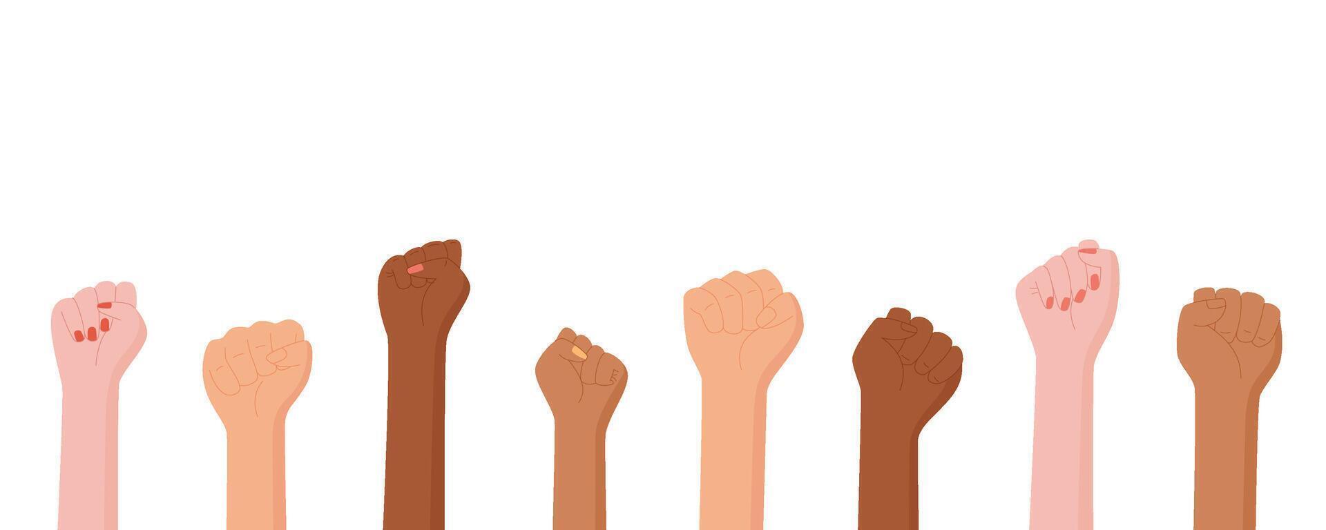 Set of diverse isolated support symbol fist, a woman is holding a protest sign, a person shows up with a strength and solidarity gesture, character holds a revolution fist. vector