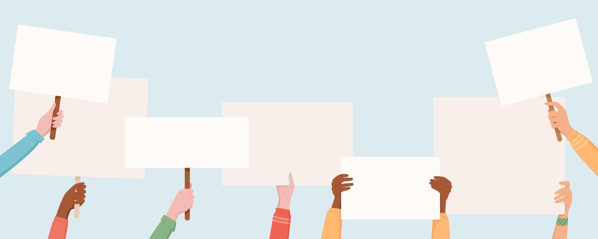 Diverse hands hold blank signs and square placards. Social media template highlights a protest scene, showing people united in solidarity and demonstrating community strength with banners. vector