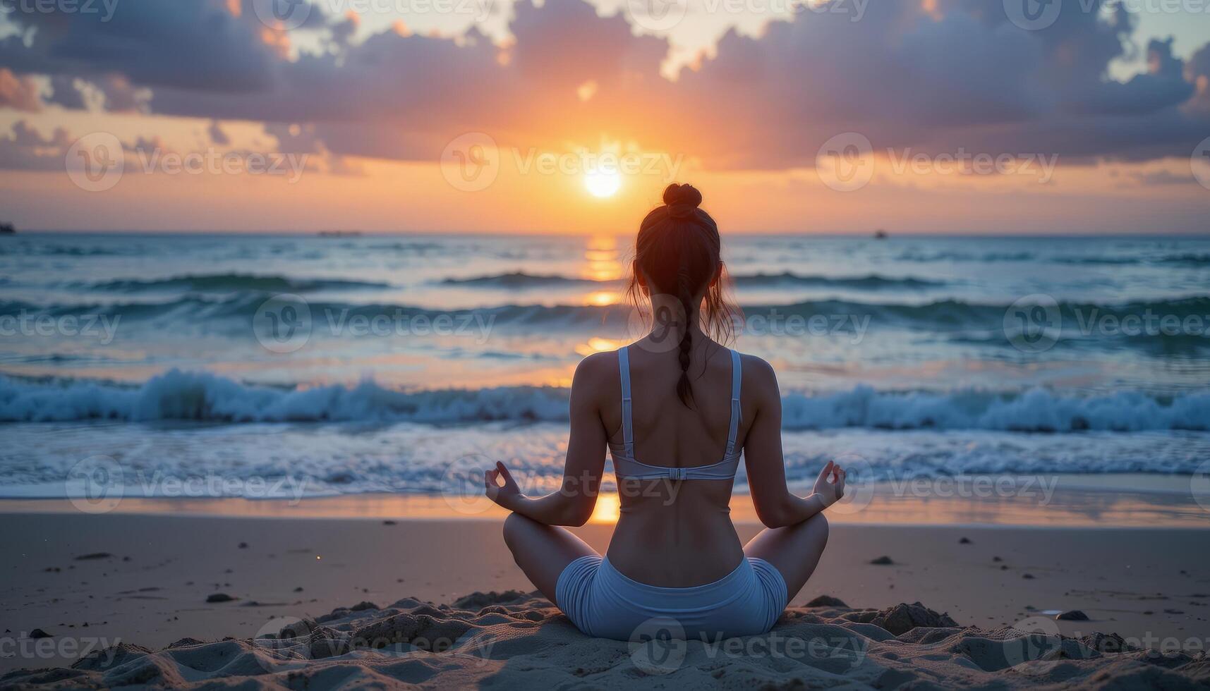 A person meditates on the beach at sunset, embodying peace and mindfulness while overlooking gentle ocean waves and colorful skies. photo
