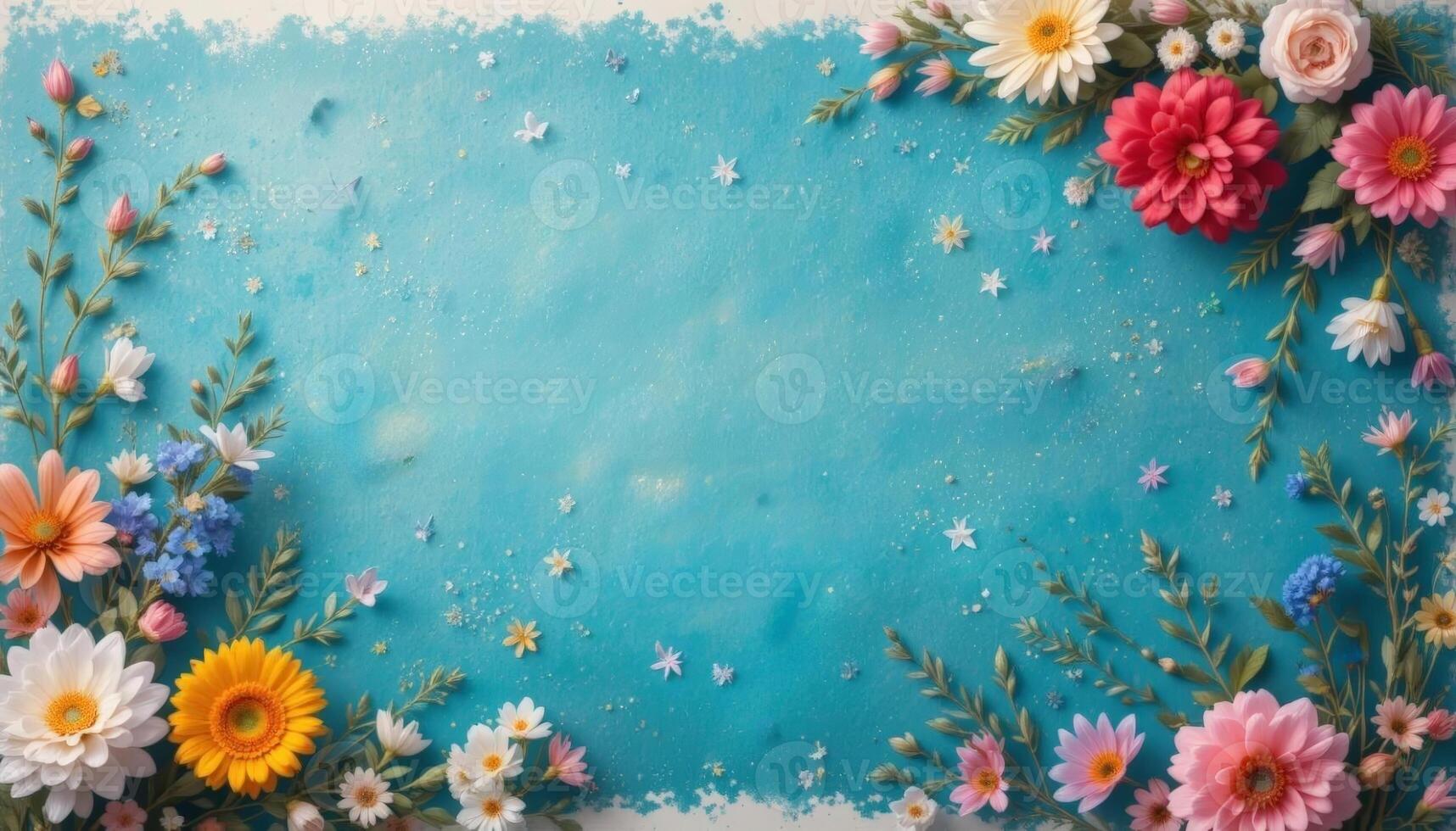 A vibrant floral arrangement on a blue background, perfect for a nature-themed greeting card or invitation, showcasing colors and textures. photo