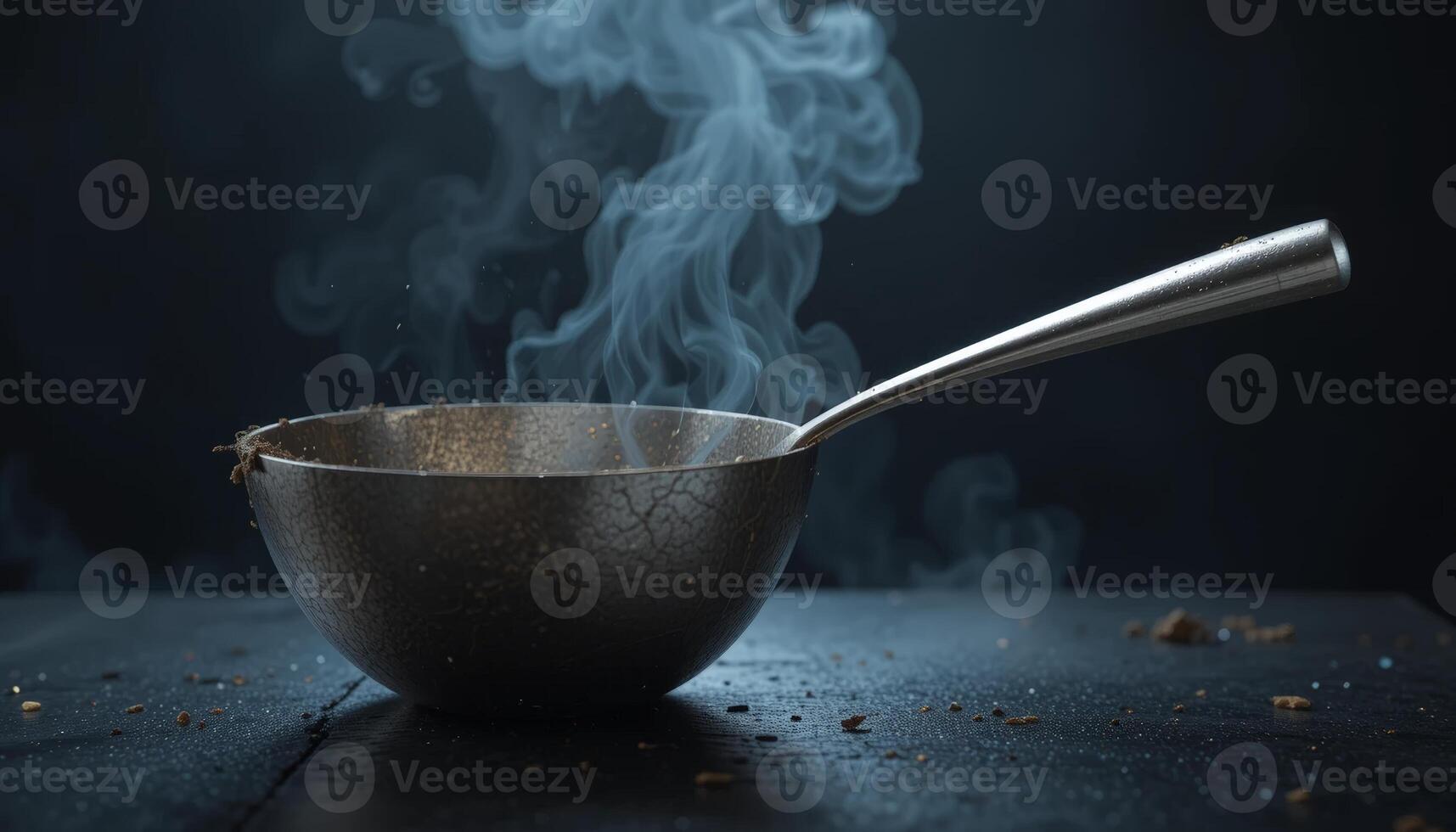 A dark, steaming bowl sits on a black surface, releasing aromatic smoke, creating a dramatic culinary scene, great for cooking blogs, culinary arts, or food packaging. photo
