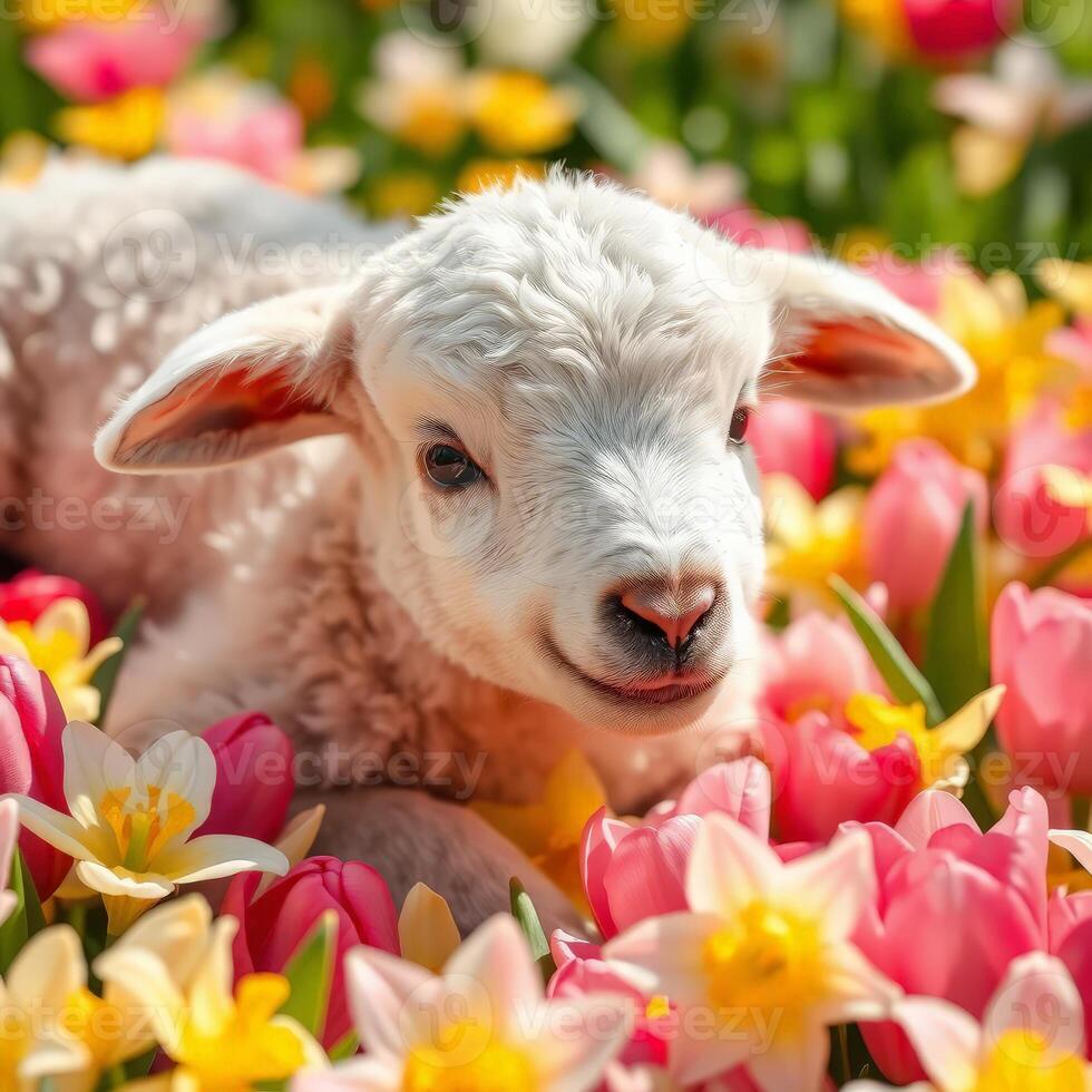 A charming lamb playfully lying among colorful tulips, radiating springtime joy and innocence, ideal for celebrating Easter or promoting floral arrangements. photo