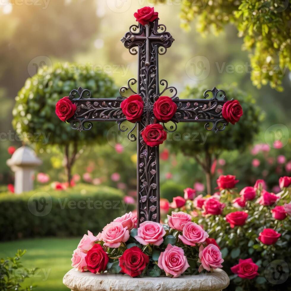 An ornate black cross adorned with red and pink roses, set in a lush garden, symbolizing remembrance and beauty, perfect for memorials and ceremonial occasions. photo