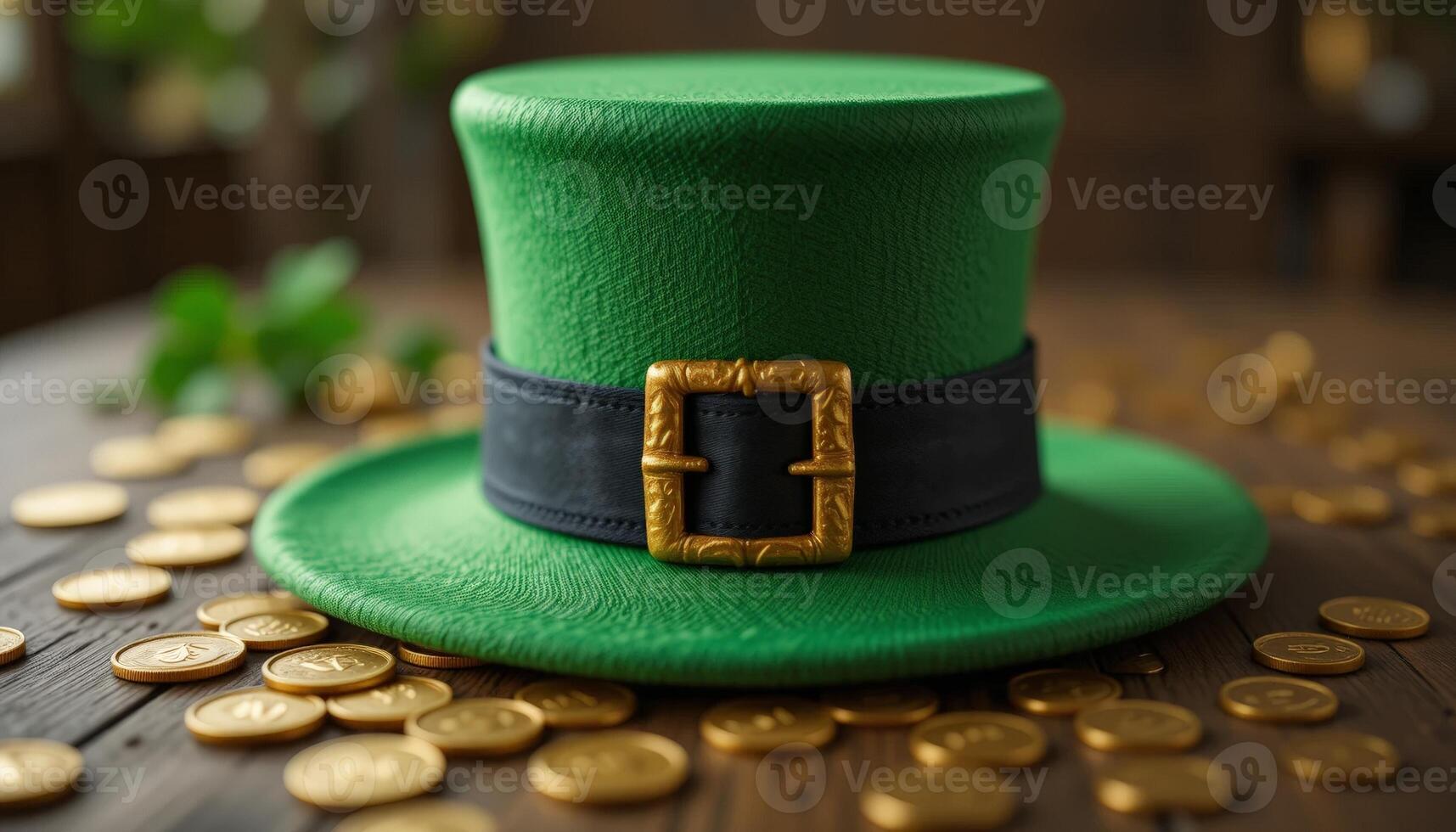 A vibrant green leprechaun hat adorned with a gold buckle, surrounded by chocolate coins, perfect for St. Patrick's Day festivities and celebrations photo