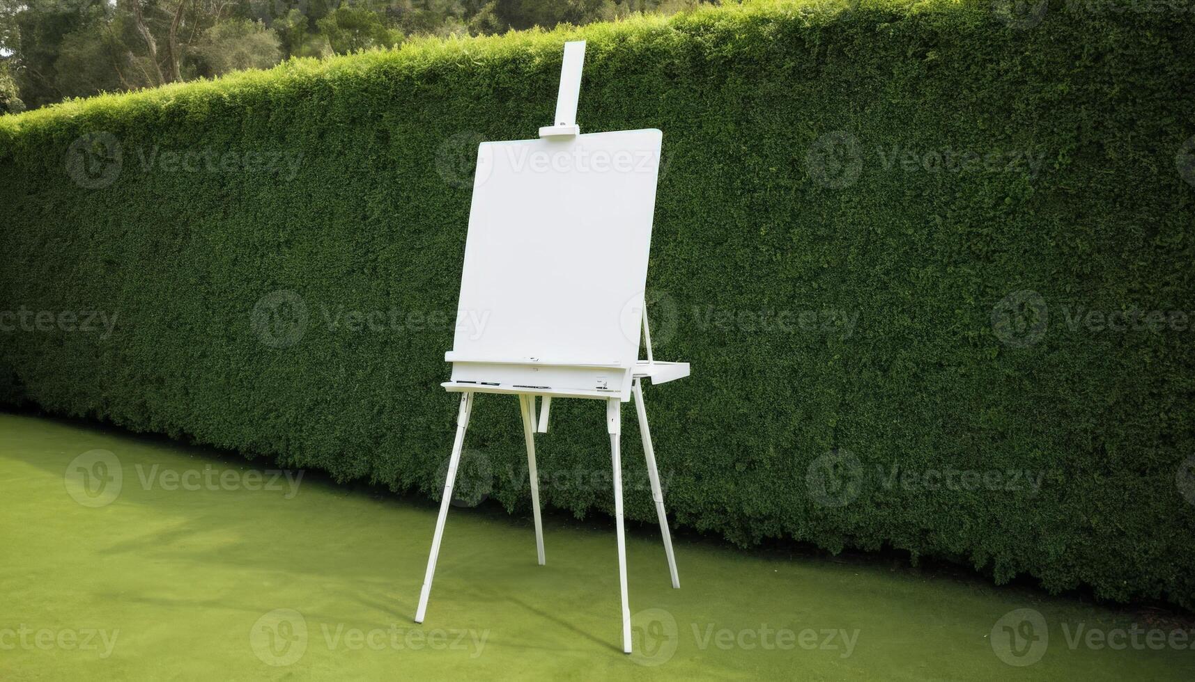 A blank white canvas easel set against lush greenery, offering a serene outdoor setting for artists to create, ideal for art workshops or inspiration. photo
